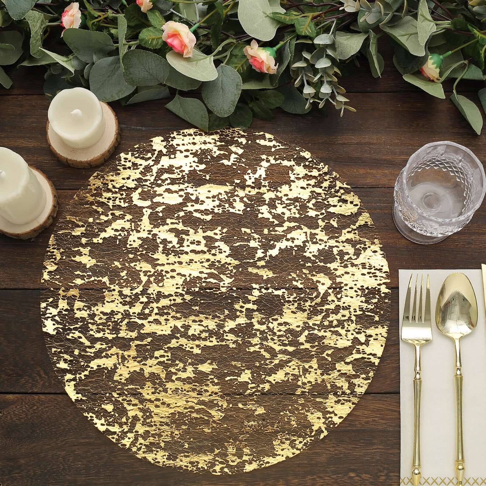 10-Pack Mesh Table Placemats 13" Round Foil Design Metallic Gold - Shiny Disposable Dining Mats
