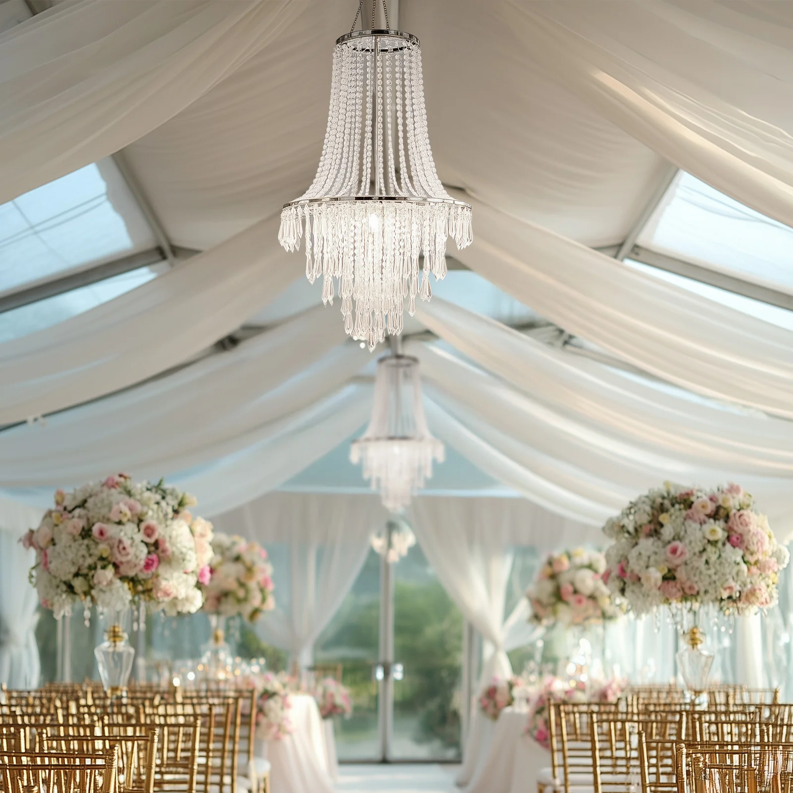 Fountain Style Crystal Beaded Chandelier – 2ft Hanging Pendant Light with Silver Metal Frame & Hook Chain, Elegant Tiered Design