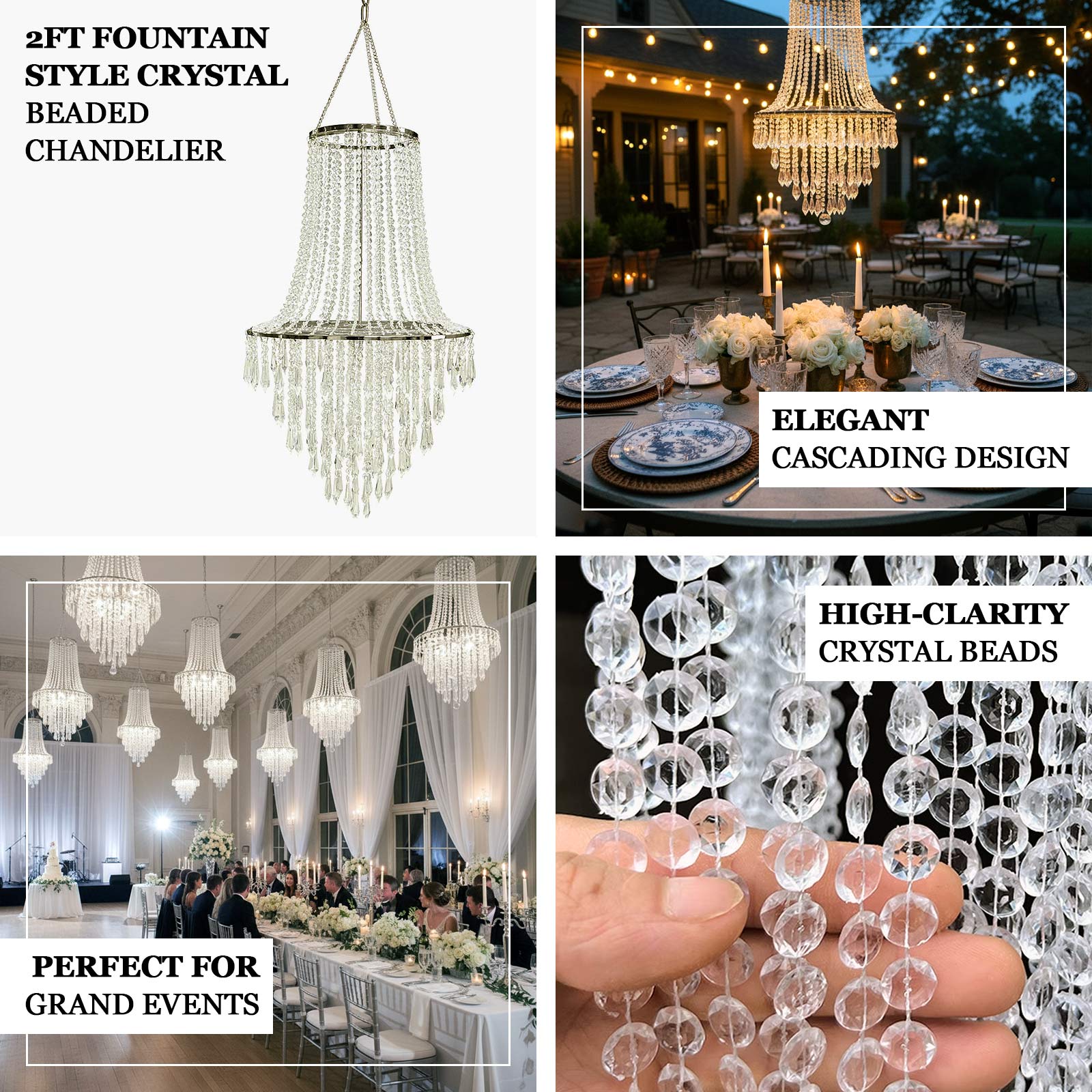 Fountain Style Crystal Beaded Chandelier – 2ft Hanging Pendant Light with Silver Metal Frame & Hook Chain, Elegant Tiered Design - Image 4