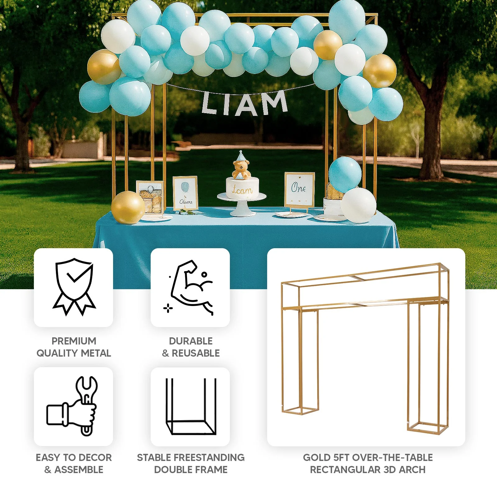 Freestanding Over the Table Rod in Gold, Rectangular Double Frame Table Top Stand for Floral Balloon Décor - 5ft - Image 4