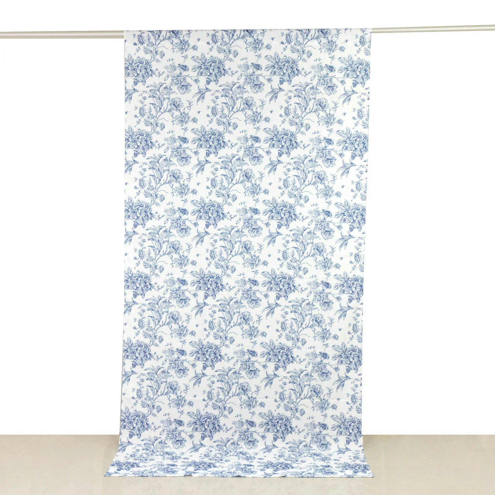 French Toile Backdrop Curtain – 5ft x 10ft Polyester Drape Panel, Blue Floral, Rod Pocket Design