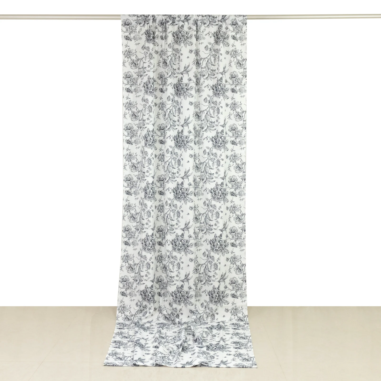 French Toile Backdrop Curtain – 5ft x 12ft Polyester Drape Panel, Black Floral, Rod Pocket Design - Image 3