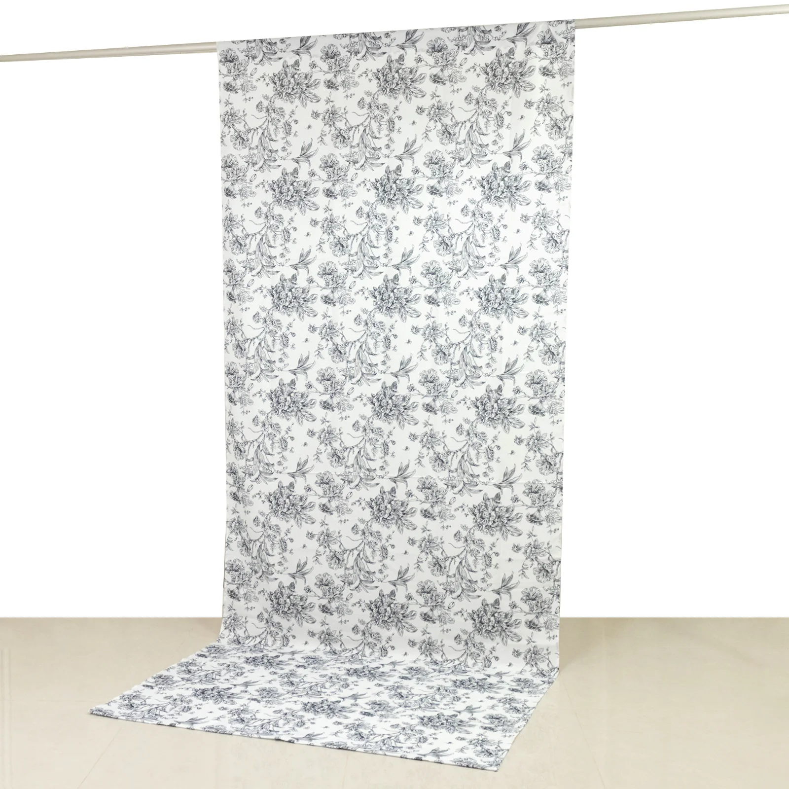 French Toile Backdrop Curtain – 5ft x 12ft Polyester Drape Panel, Black Floral, Rod Pocket Design - Image 4