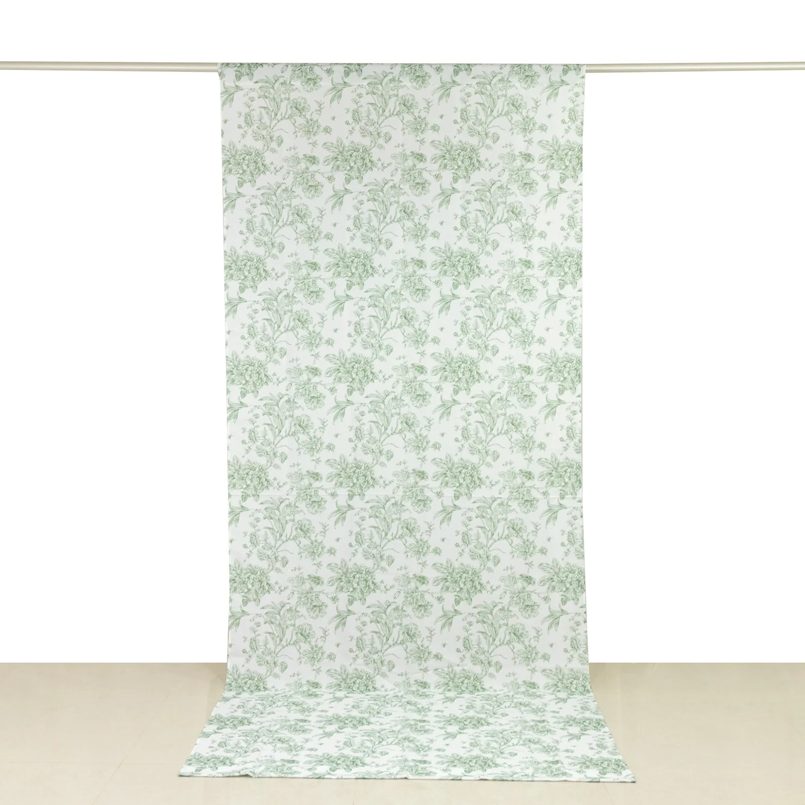 French Toile Backdrop Curtain – 5ft x 12ft Polyester Drape Panel, Dusty Sage Green Floral, Rod Pocket Design