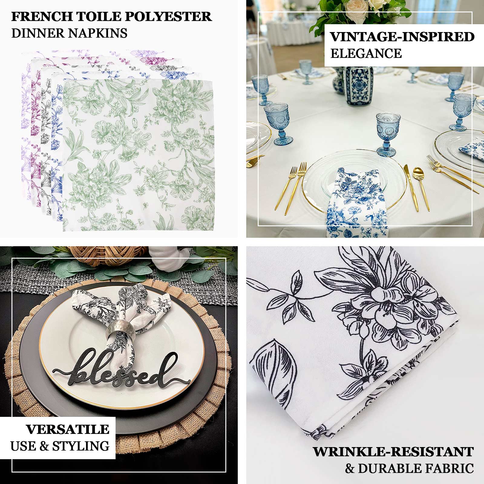 5-Pack French Toile Cloth Napkins – 17"x17" Blue and White Reusable Polyester Table Napkins in Floral Design for Events & Dining - Image 4
