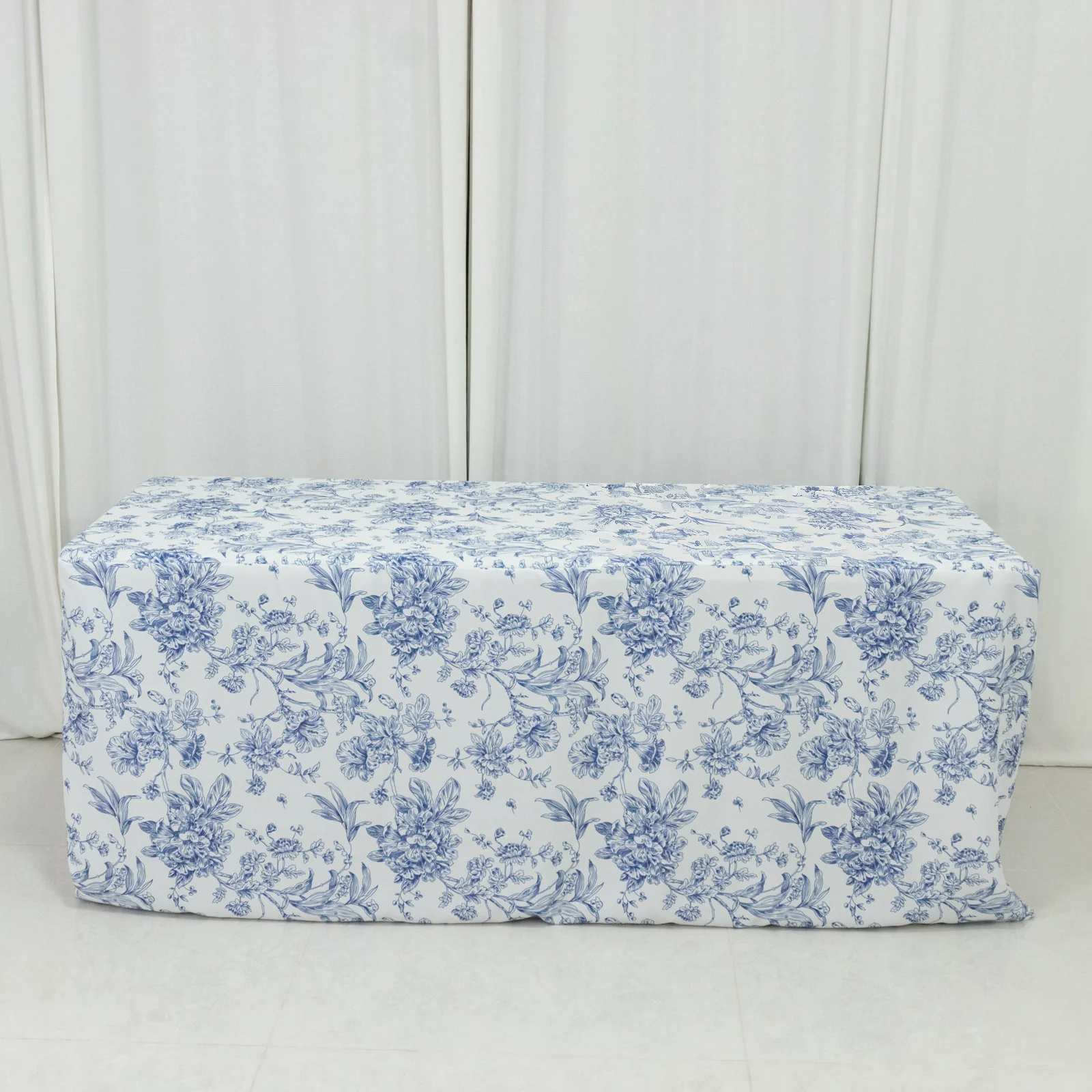 French Toile Fitted Polyester Tablecloth 6ft – Blue & White Rectangular Wrinkle-Resistant Table Cover