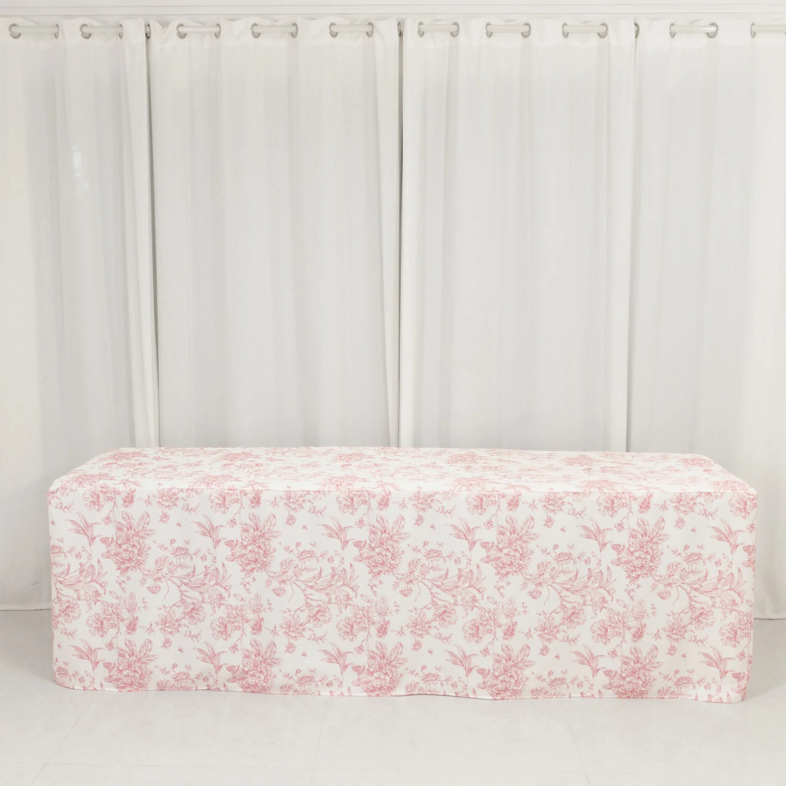 French Toile Fitted Polyester Tablecloth 8ft – Pink & White Rectangular Wrinkle-Resistant Table Cover