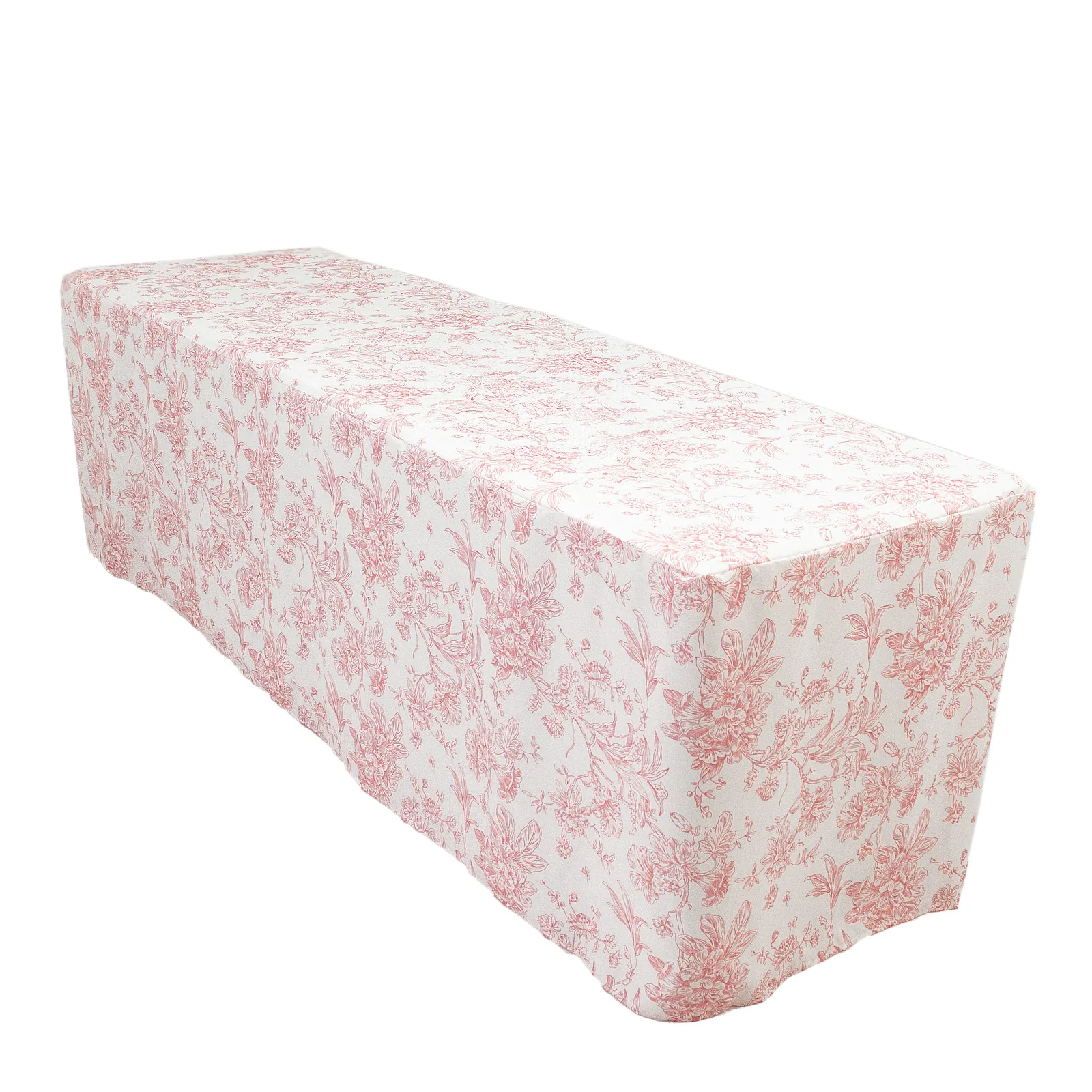French Toile Fitted Polyester Tablecloth 8ft – Pink & White Rectangular Wrinkle-Resistant Table Cover - Image 3