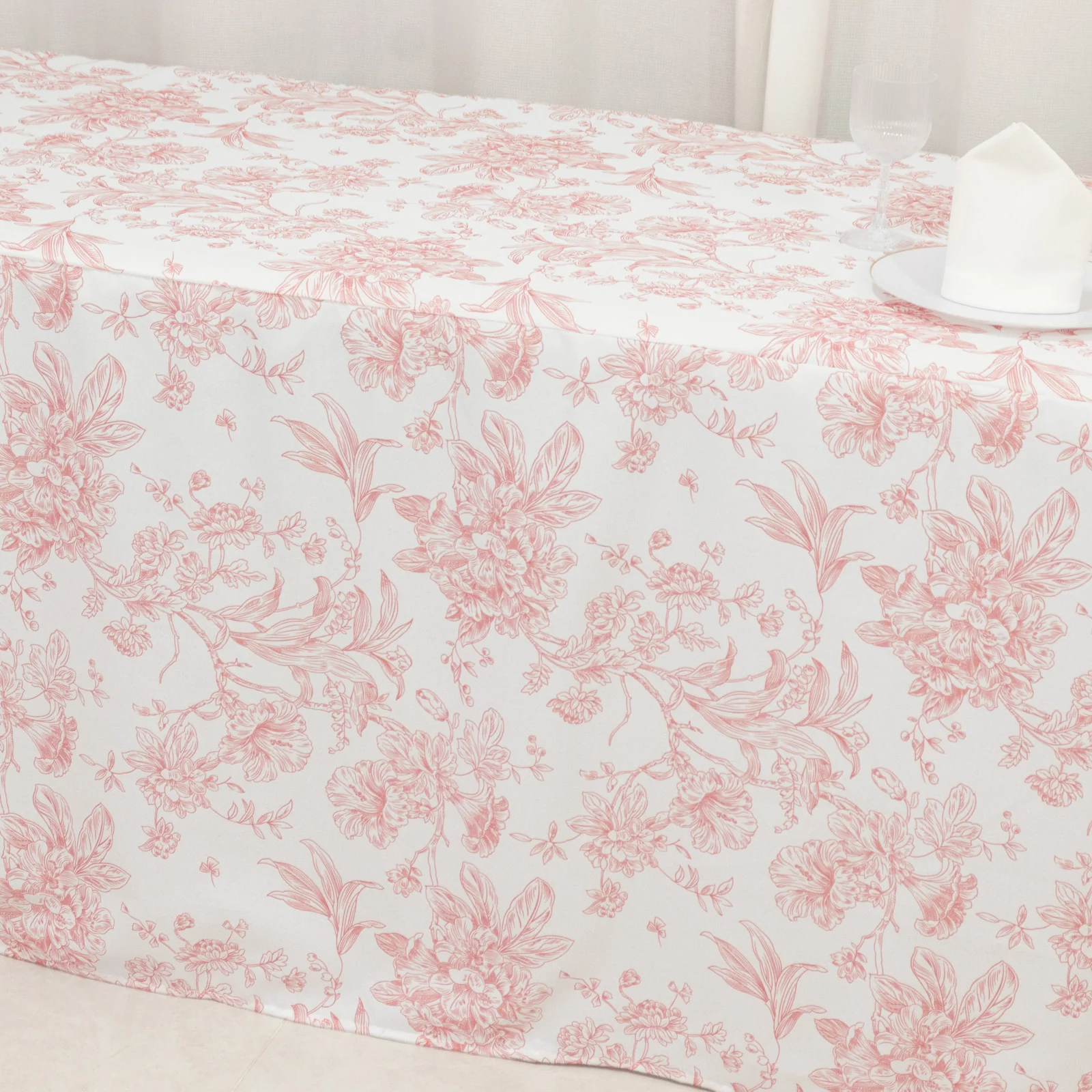 French Toile Fitted Polyester Tablecloth 8ft – Pink & White Rectangular Wrinkle-Resistant Table Cover - Image 4