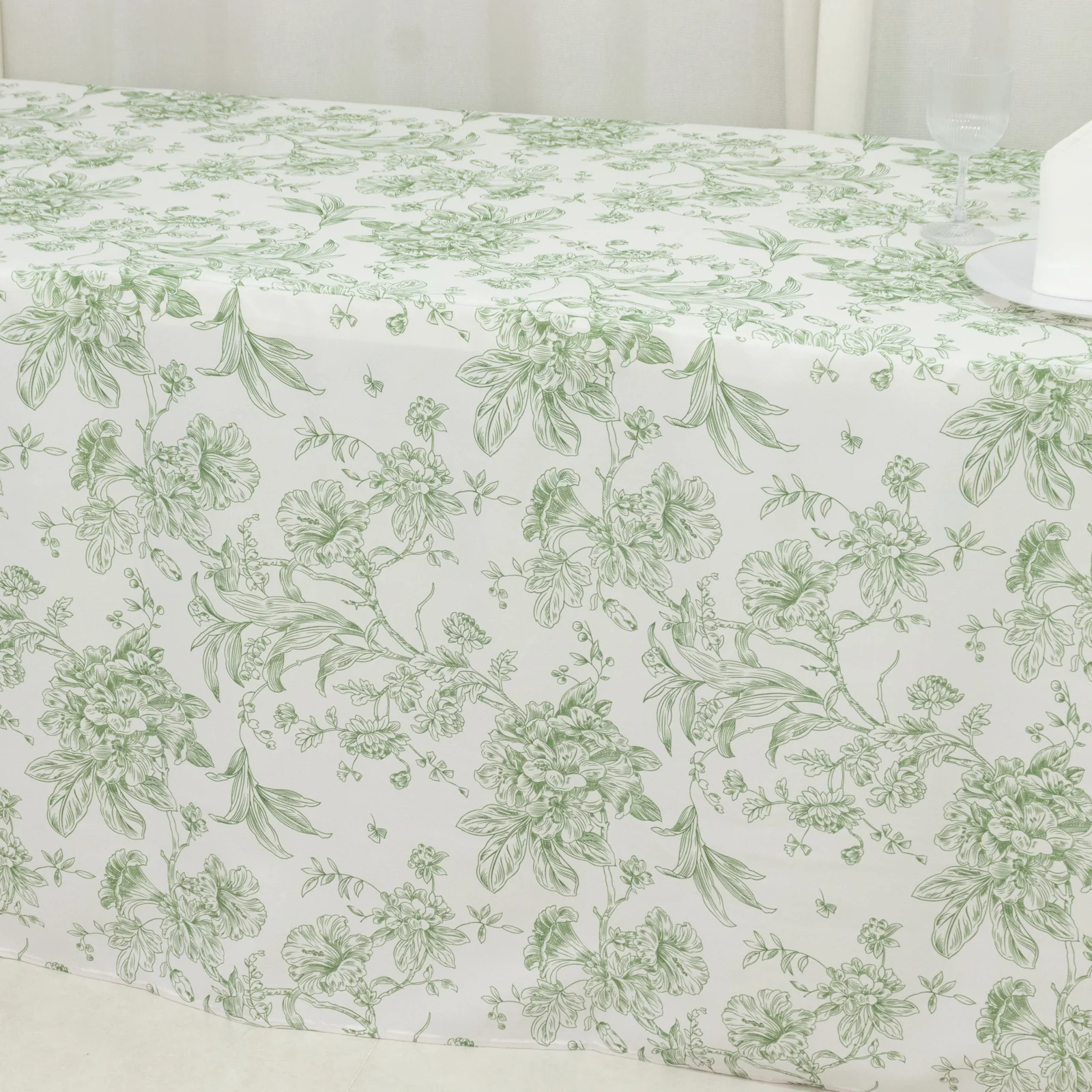 French Toile Fitted Polyester Tablecloth 8ft – Dusty Sage Green & White Rectangular Wrinkle-Resistant Table Cover - Image 4