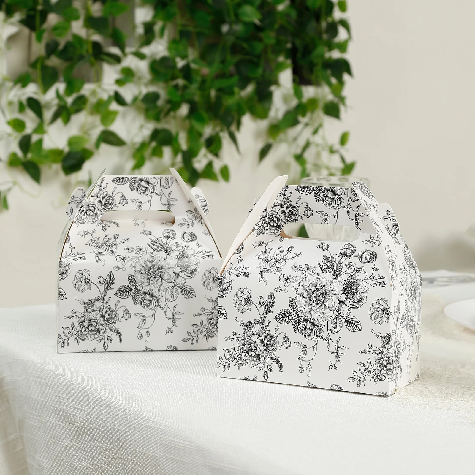 25 Pack Party Favor Gable Boxes in French Toile Pattern - Matte Black and White Candy Treat Tote Boxes, Cardstock Paper - 6"x3.5"x7" - Image 4
