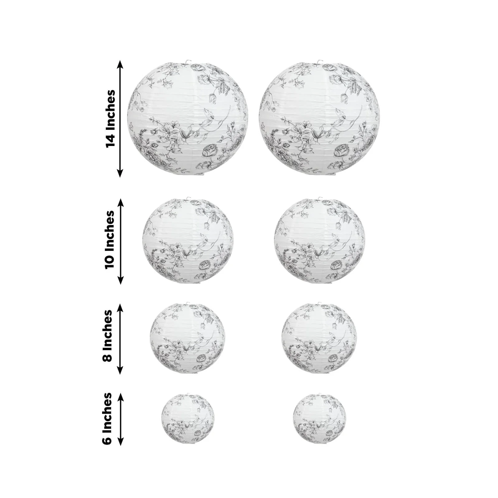 Set of 8 French Toile Hanging Paper Lanterns White with Black Floral Pattern, Decorative Lanterns - 6", 8", 10", 14" - Image 3