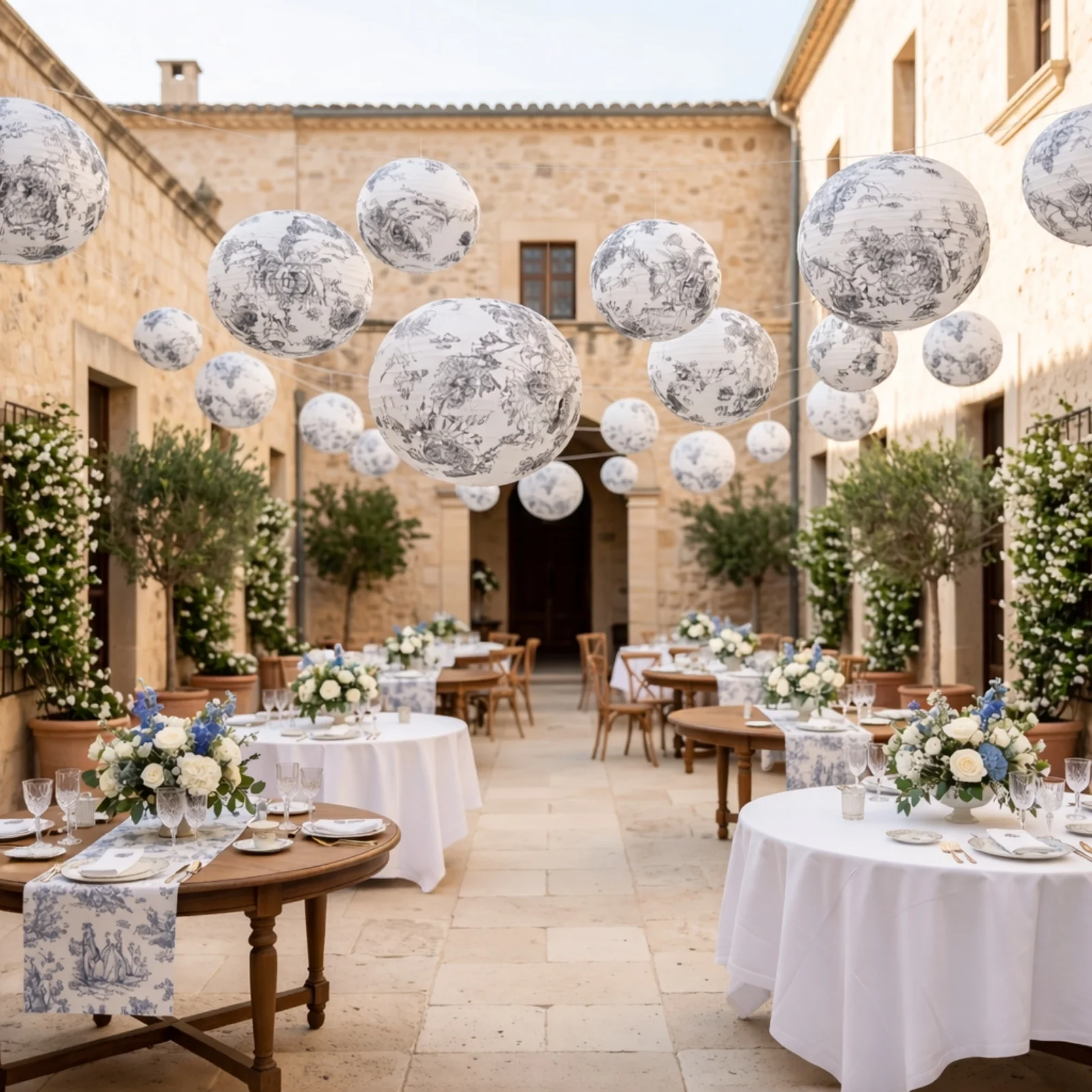 Set of 8 French Toile Hanging Paper Lanterns White with Black Floral Pattern, Decorative Lanterns - 6", 8", 10", 14" - Image 6