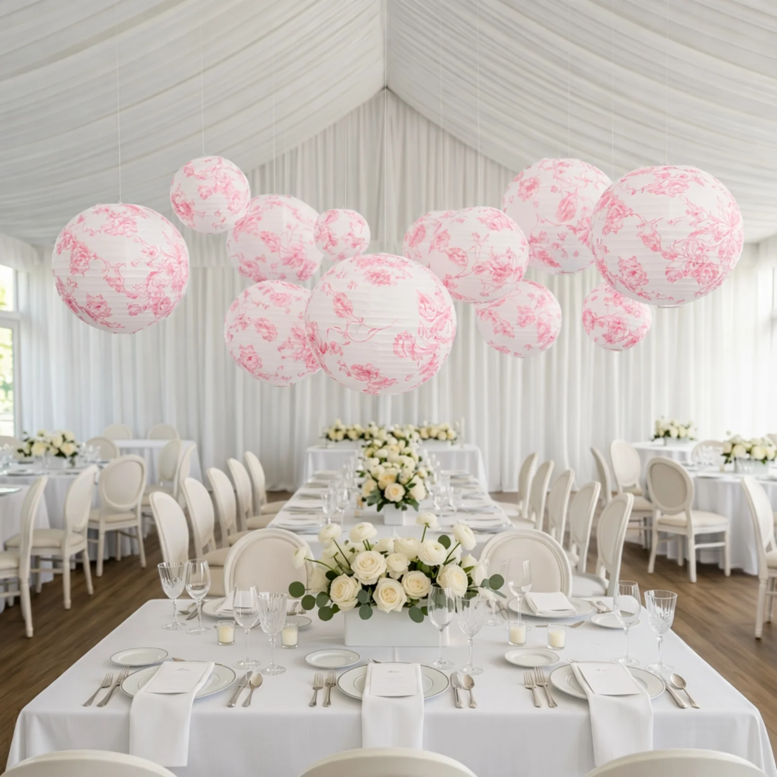 Set of 8 French Toile Hanging Paper Lanterns White with Pink Floral Pattern, Decorative Lanterns - 6", 8", 10", 14"