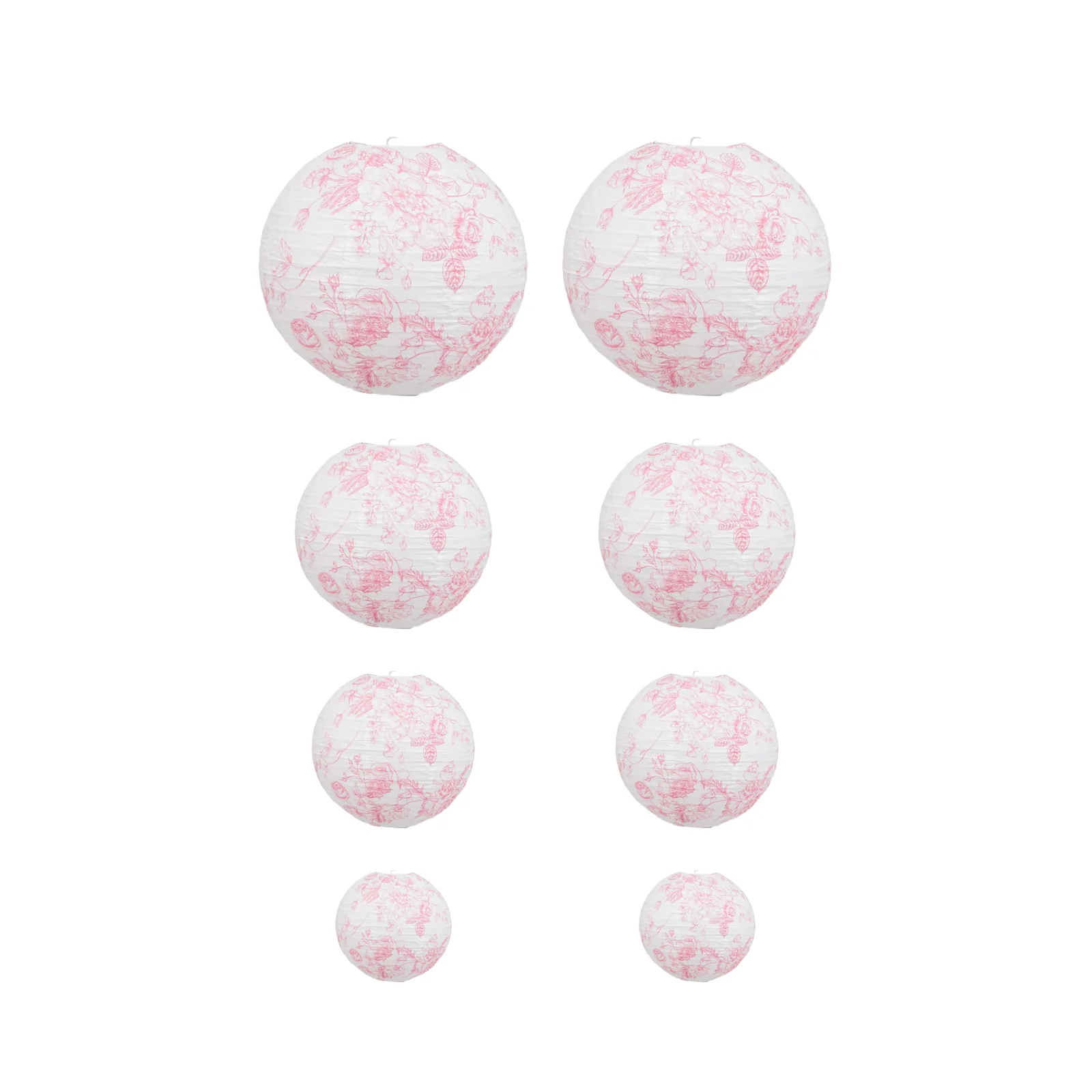 Set of 8 French Toile Hanging Paper Lanterns White with Pink Floral Pattern, Decorative Lanterns - 6", 8", 10", 14" - Image 2