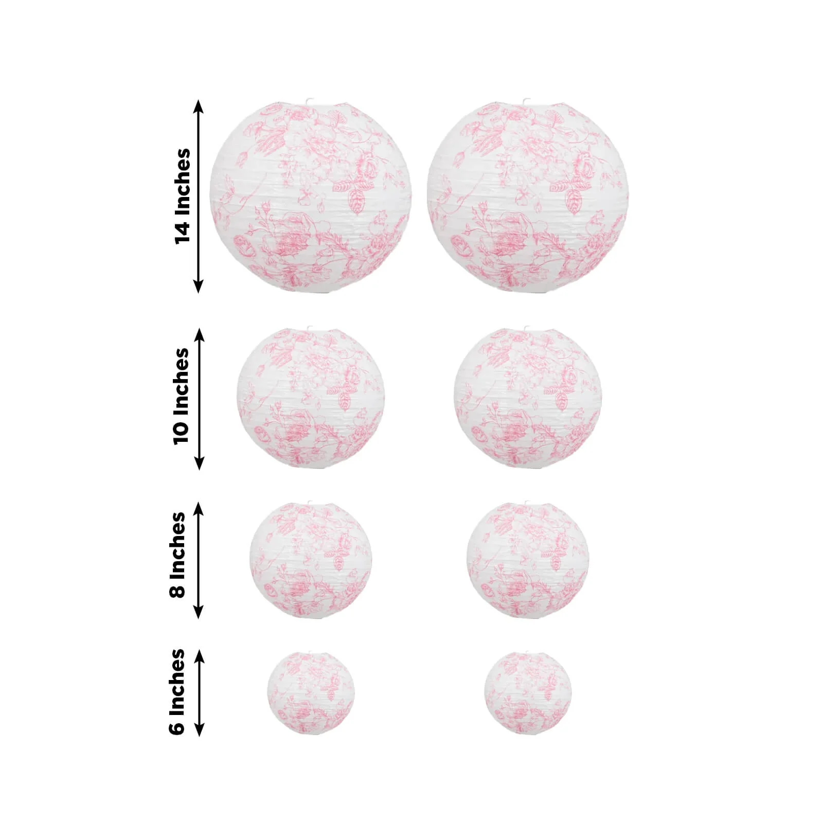 Set of 8 French Toile Hanging Paper Lanterns White with Pink Floral Pattern, Decorative Lanterns - 6", 8", 10", 14" - Image 3