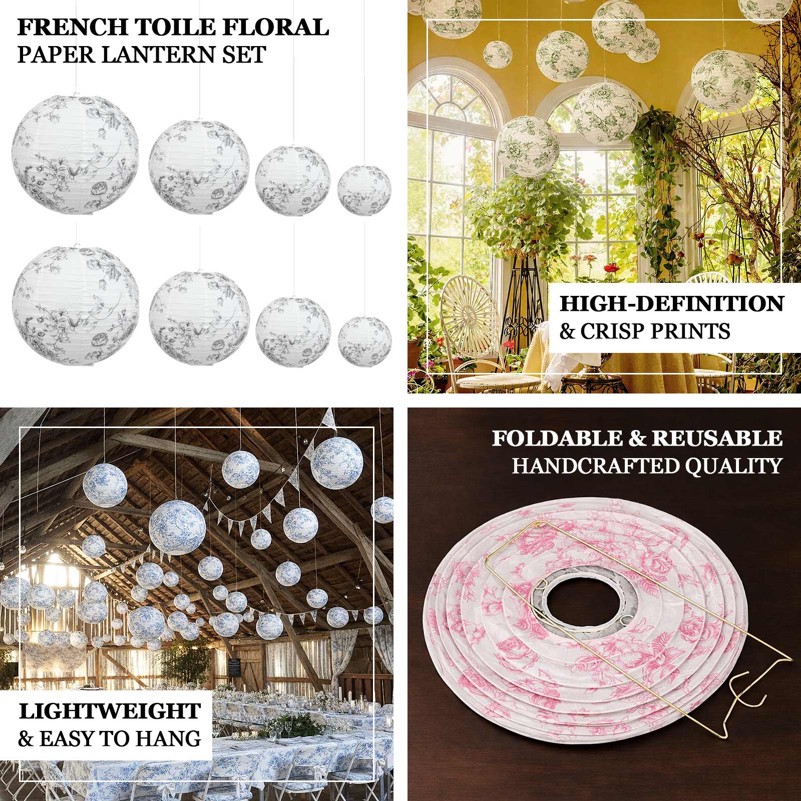 Set of 8 French Toile Hanging Paper Lanterns White with Pink Floral Pattern, Decorative Lanterns - 6", 8", 10", 14" - Image 4