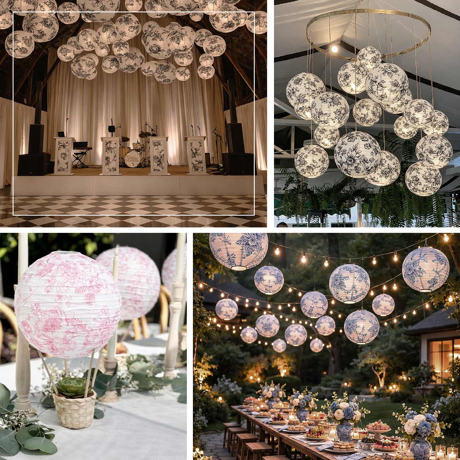 Set of 8 French Toile Hanging Paper Lanterns White with Pink Floral Pattern, Decorative Lanterns - 6", 8", 10", 14" - Image 5