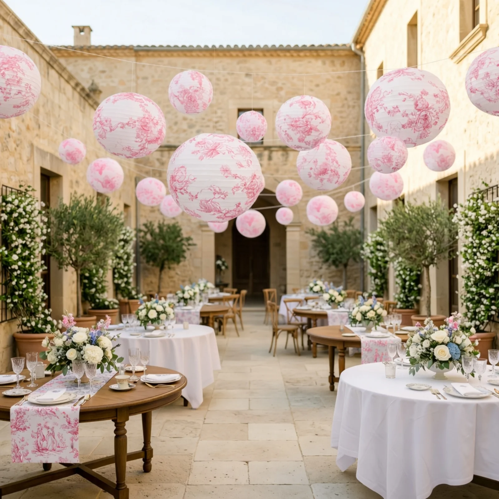 Set of 8 French Toile Hanging Paper Lanterns White with Pink Floral Pattern, Decorative Lanterns - 6", 8", 10", 14" - Image 6