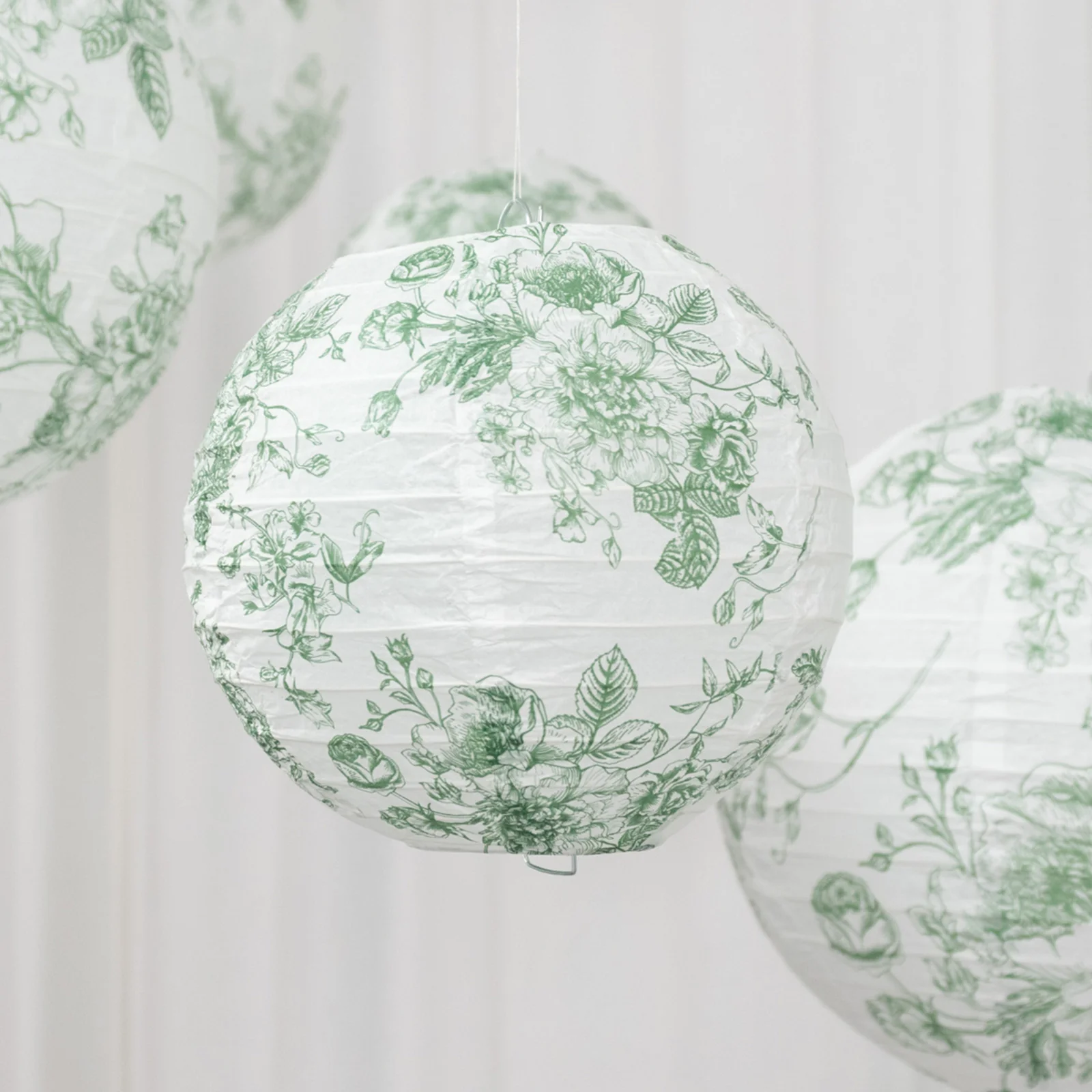 Set of 8 French Toile Hanging Paper Lanterns White with Sage Green Floral Pattern, Decorative Lanterns - 6", 8", 10", 14" - Image 7