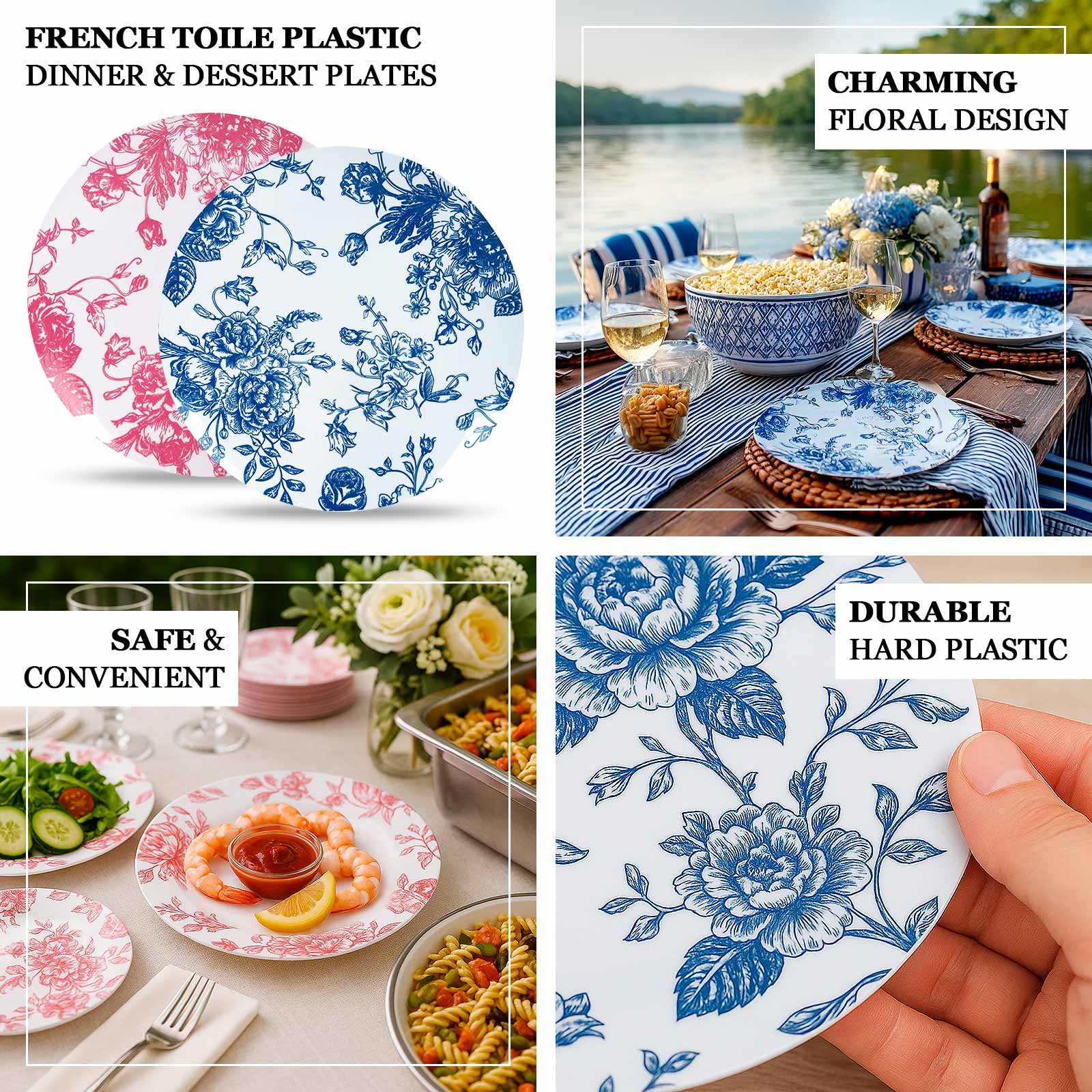 10-Pack French Toile Plastic Dessert Plates – Blue & White Floral, 7" Round Disposable Salad Plates - Image 4