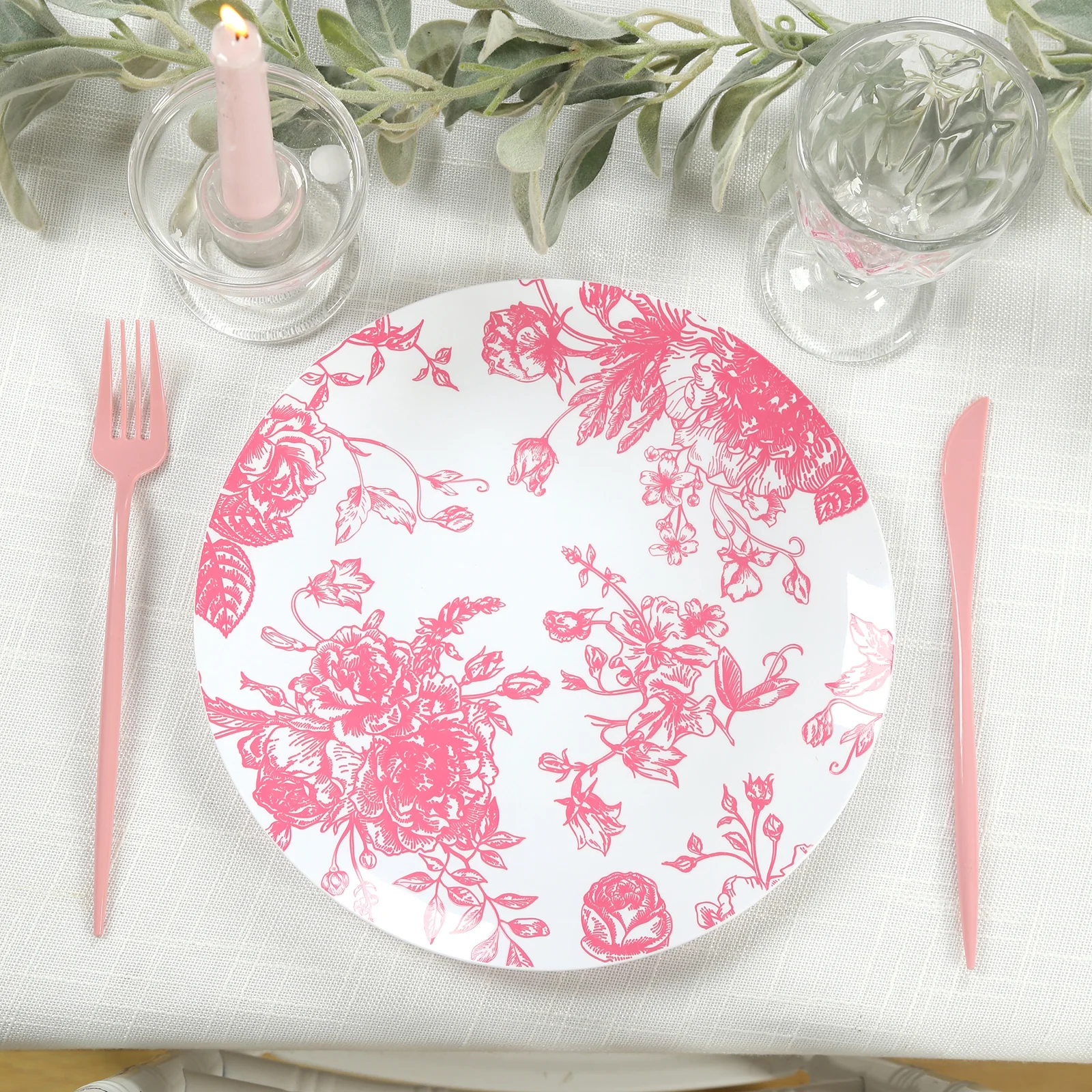 10-Pack French Toile Plastic Dinner Plates – Pink & White Floral, 10" Round Disposable Party Plates - Image 8
