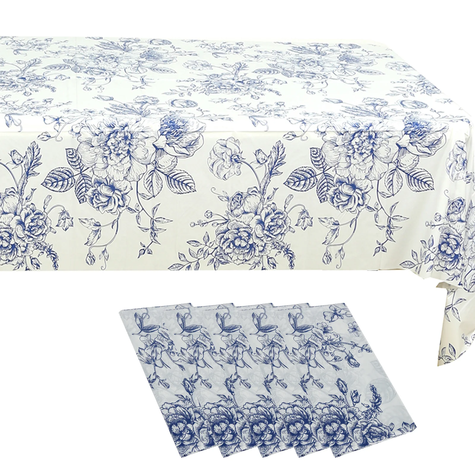 5-Pack Rectangular Plastic Tablecloths 54"x108" – White with Blue French Toile Pattern, PVC Waterproof Disposable Covers - Image 2