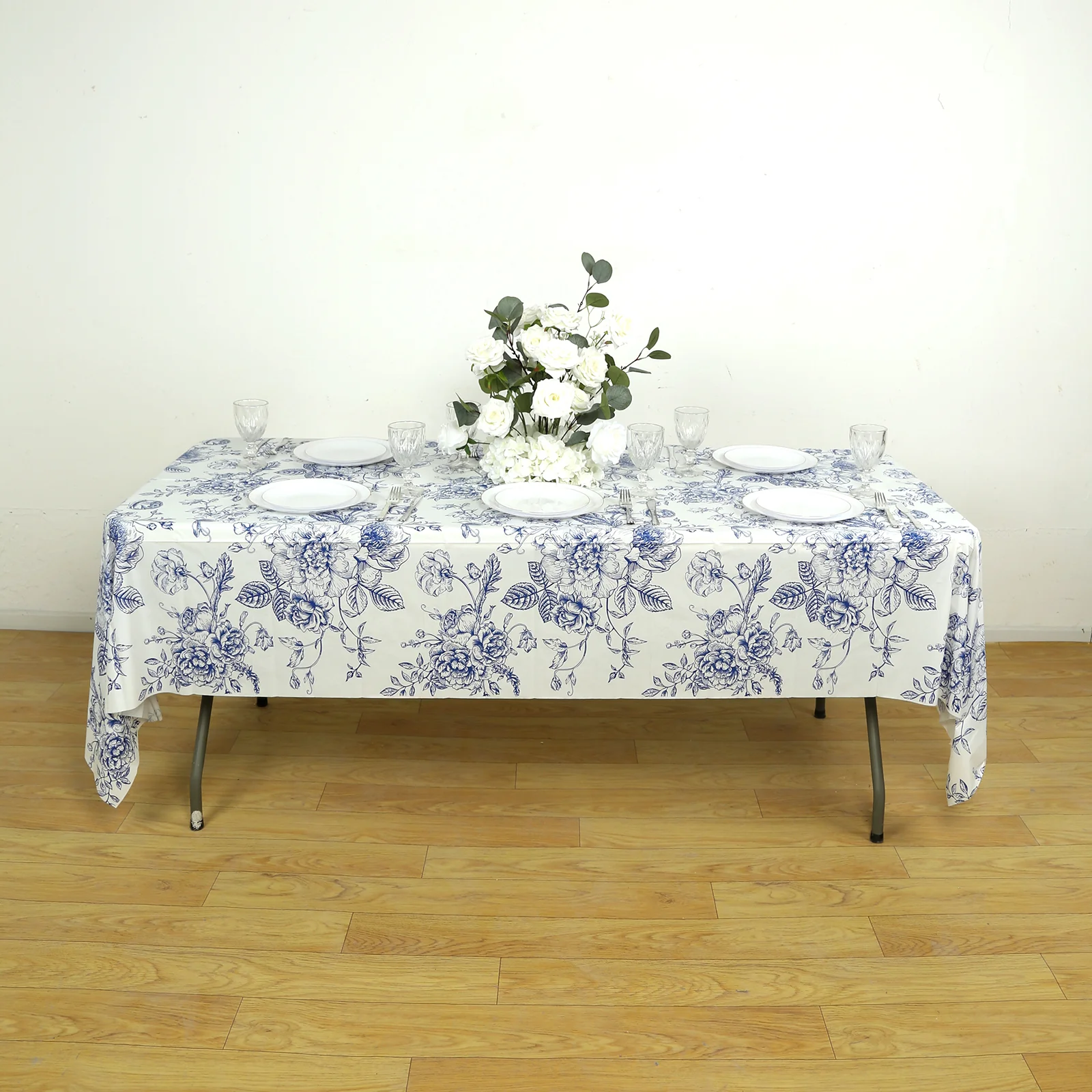 5-Pack Rectangular Plastic Tablecloths 54"x108" – White with Blue French Toile Pattern, PVC Waterproof Disposable Covers - Image 8