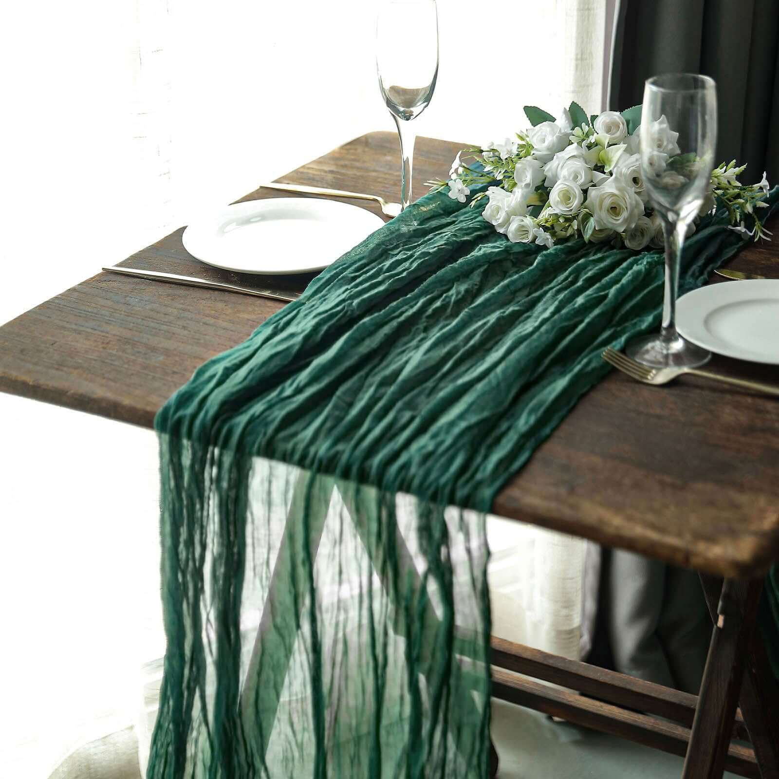 Gauze Cheesecloth Table Runner 10ft Hunter Emerald Green - Rustic Boho Table Linen - Image 5