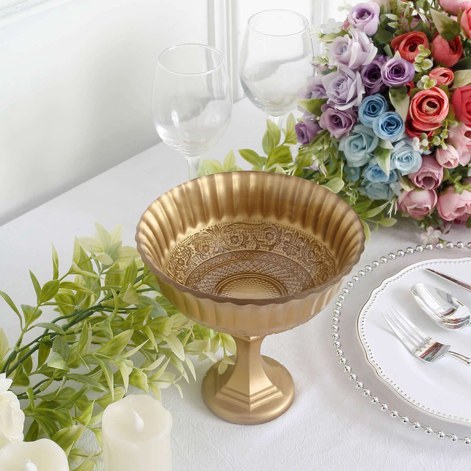 Glass Floral Bowl Centerpiece Compote Pedestal 7" Roman Style Gold - Vintage Wedding Vase for Luxurious Table Settings - Image 2