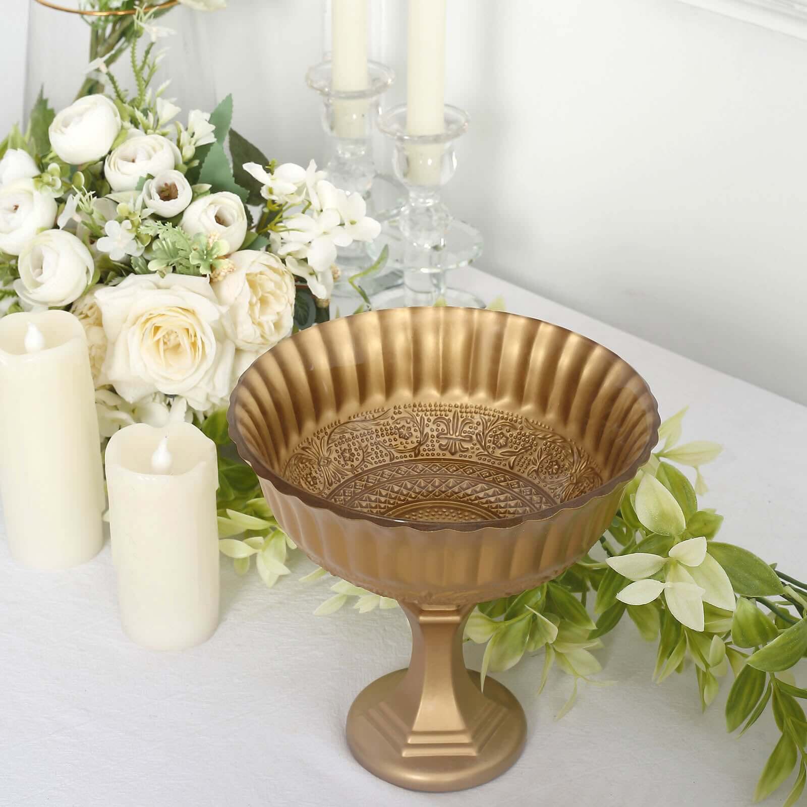 Glass Floral Bowl Centerpiece Compote Pedestal 7" Roman Style Gold - Vintage Wedding Vase for Luxurious Table Settings - Image 8