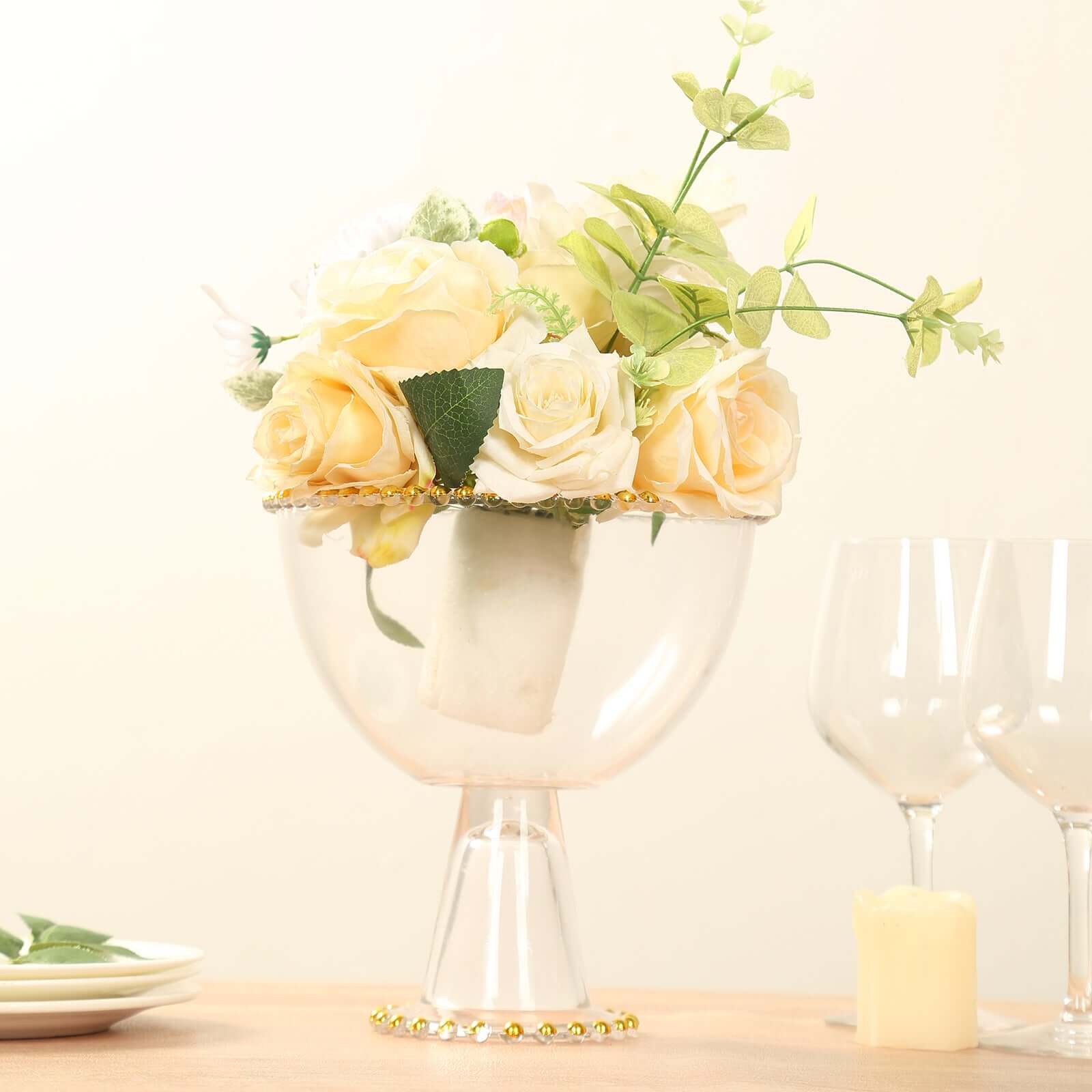 Glass Flower Vase Compote Pedestal Bowl Clear with Gold Beaded Rim 8" - Round Footed Candy Dessert Display Stand - Image 6