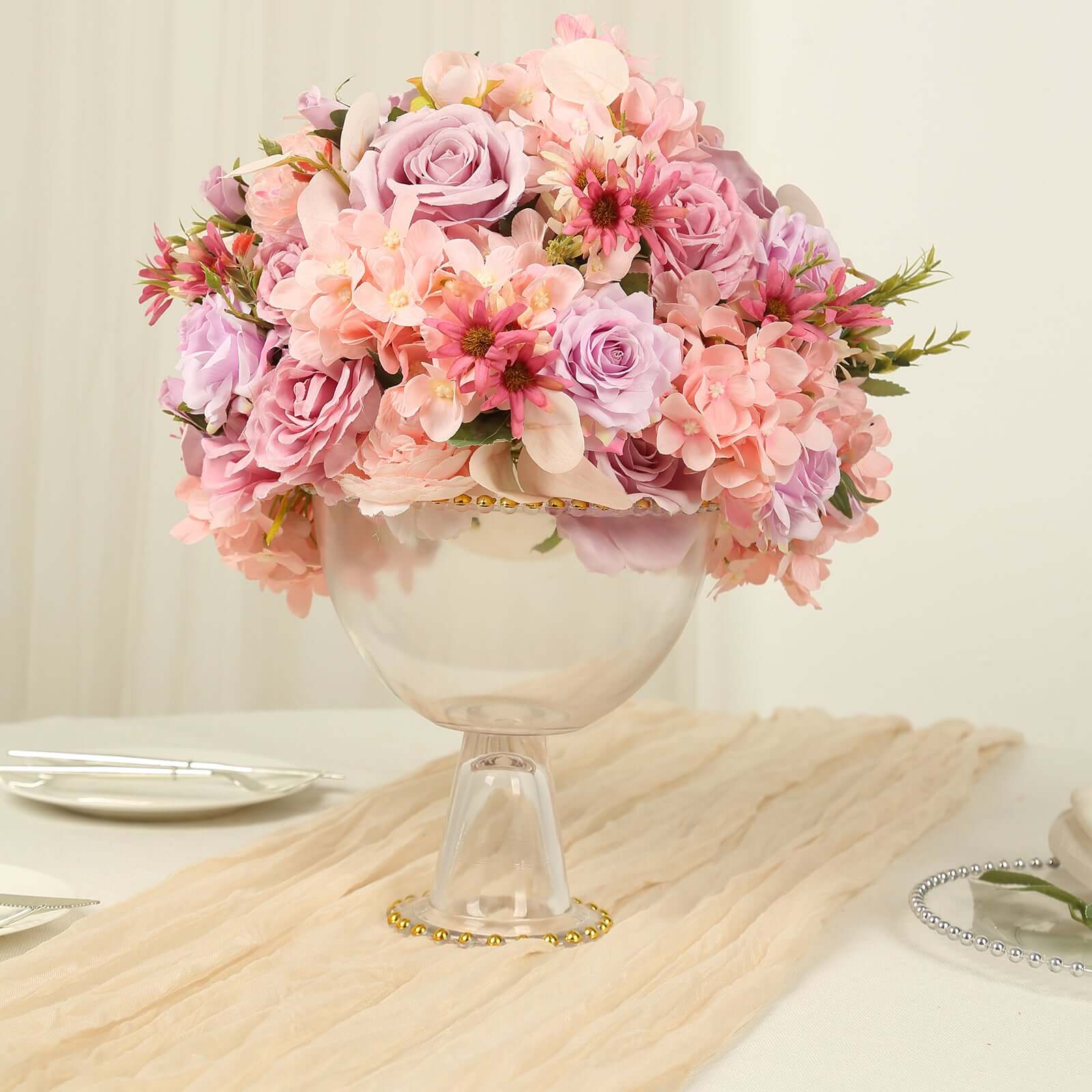Glass Flower Vase Compote Pedestal Bowl Clear with Gold Beaded Rim 8" - Round Footed Candy Dessert Display Stand - Image 7