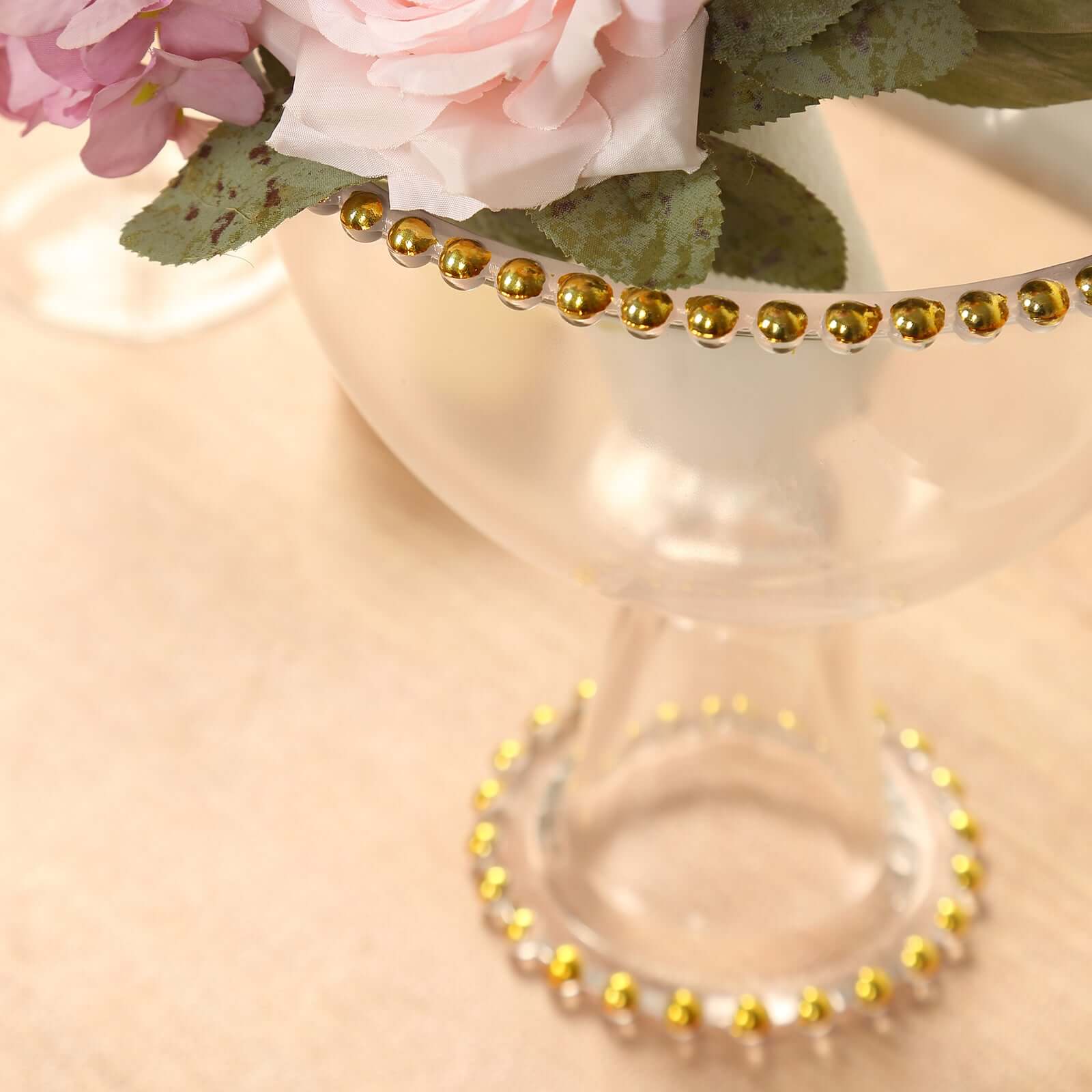 Glass Flower Vase Compote Pedestal Bowl Clear with Gold Beaded Rim 8" - Round Footed Candy Dessert Display Stand - Image 8