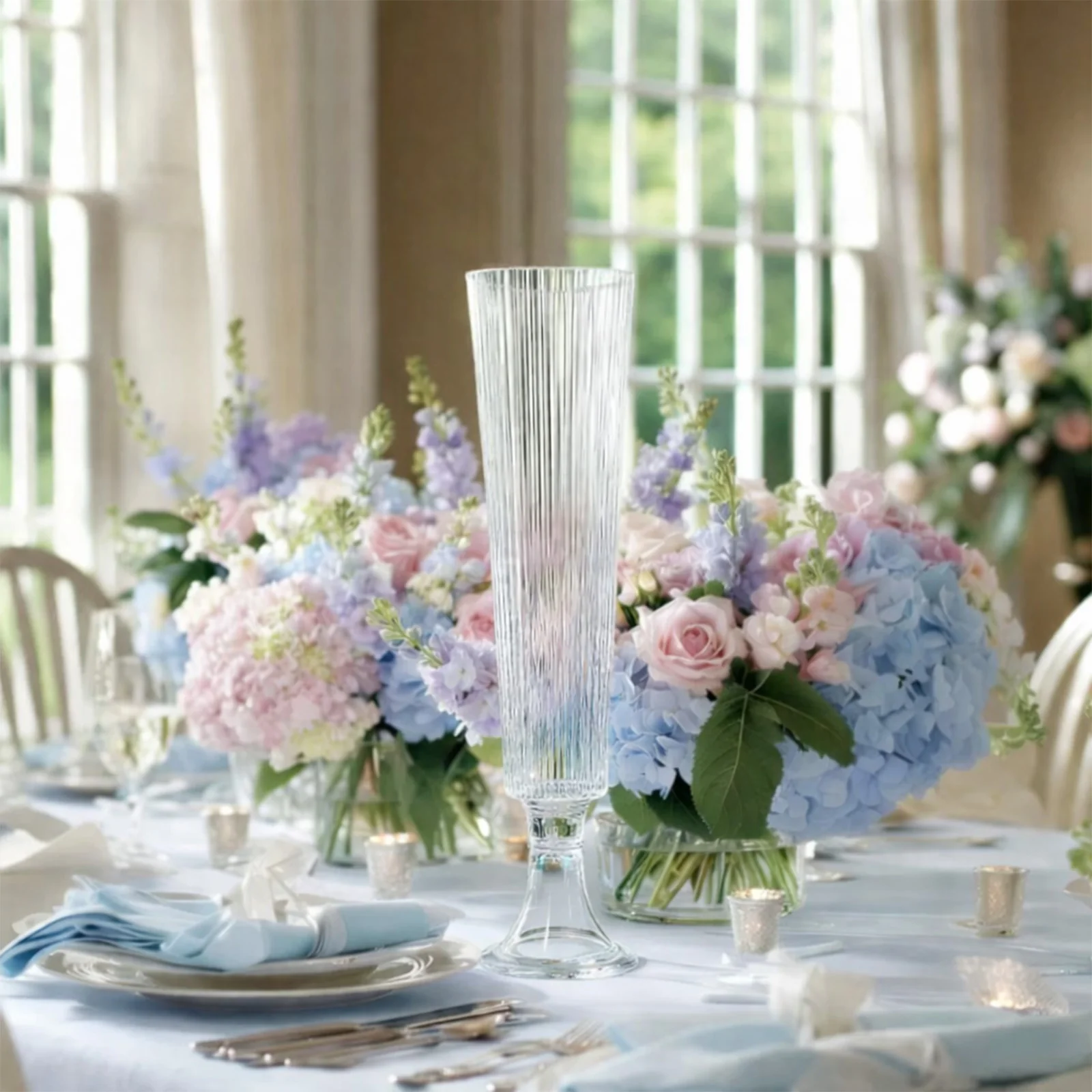 4-Pack Glass Trumpet Vases Ribbed Design 20" Clear - Heavy Duty Floral Wedding Centerpieces - Image 5