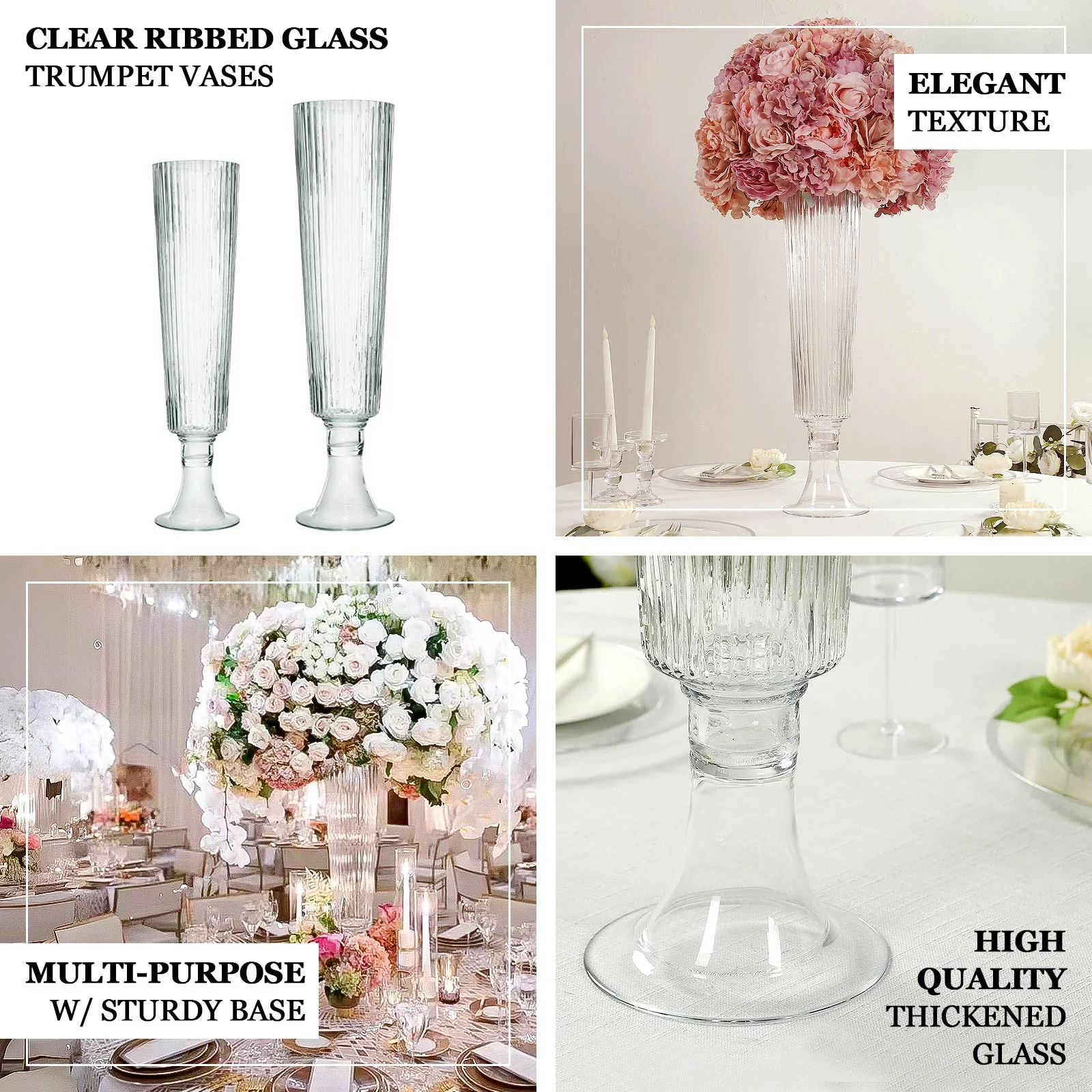 4-Pack Glass Trumpet Vases Ribbed Design 20" Clear - Heavy Duty Floral Wedding Centerpieces - Image 8