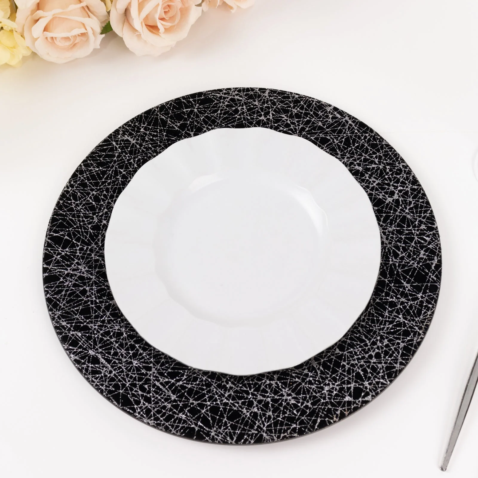 6-Pack Acrylic Charger Plates 13" Round Black with Glitter Silver Abstract Lines Pattern - Decorative Dinner Party Charger Tableware - Image 5