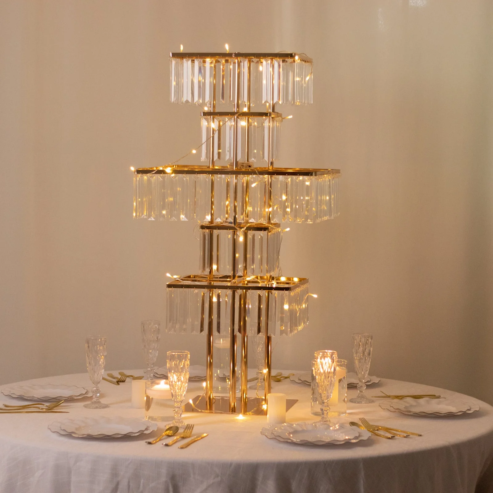 Crystal Pendant 5-Tier Table Centerpiece Chandelier in Gold, 40" Flower Stand Metal Vase Square Pedestal with Hanging Crystals - Image 7