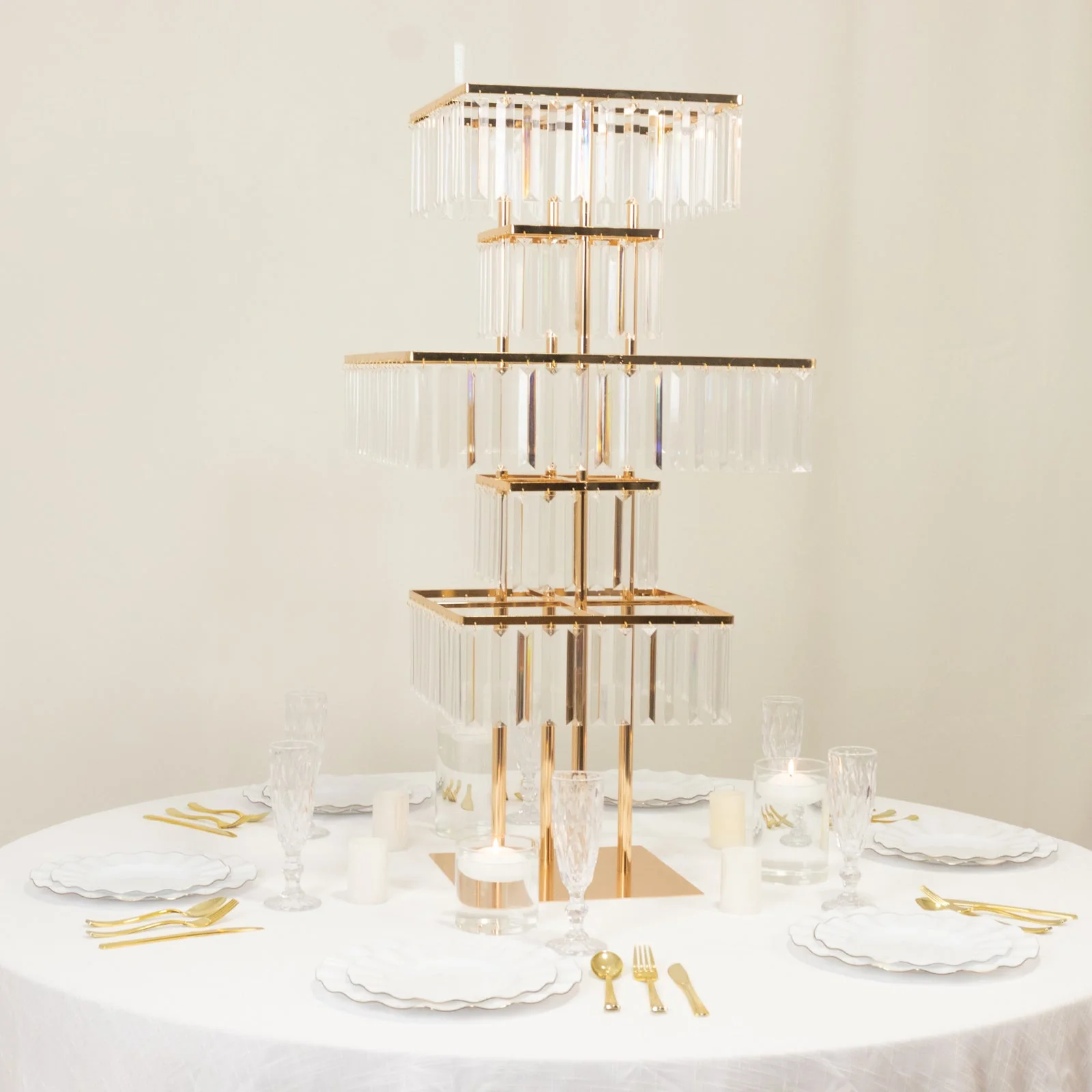 Crystal Pendant 5-Tier Table Centerpiece Chandelier in Gold, 40" Flower Stand Metal Vase Square Pedestal with Hanging Crystals - Image 8