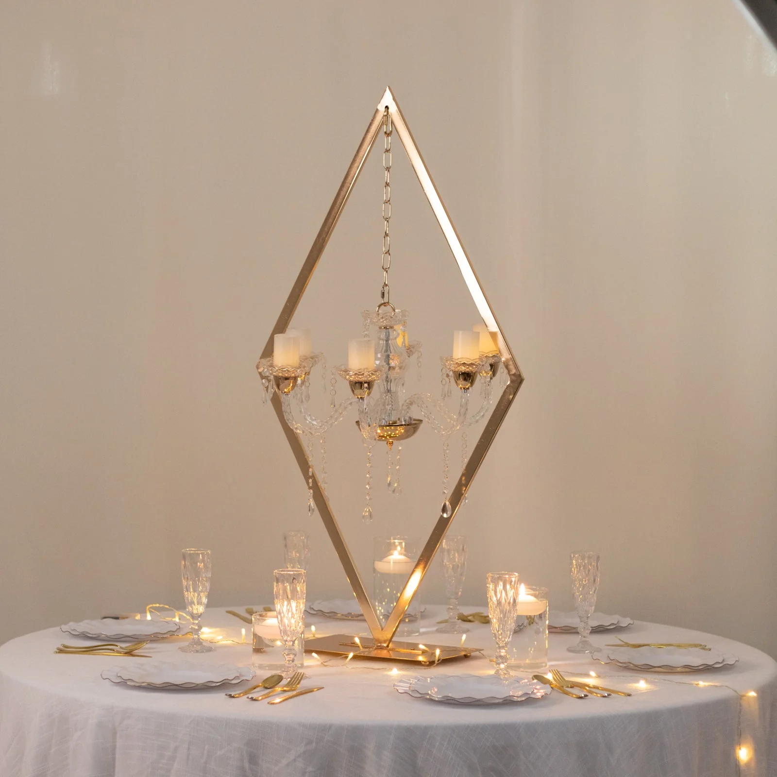 Gold Grand Table Centerpiece with Candle Holders, Diamond Frame 6-Arm Acrylic Candelabra Wedding Table Centerpiece - 45"