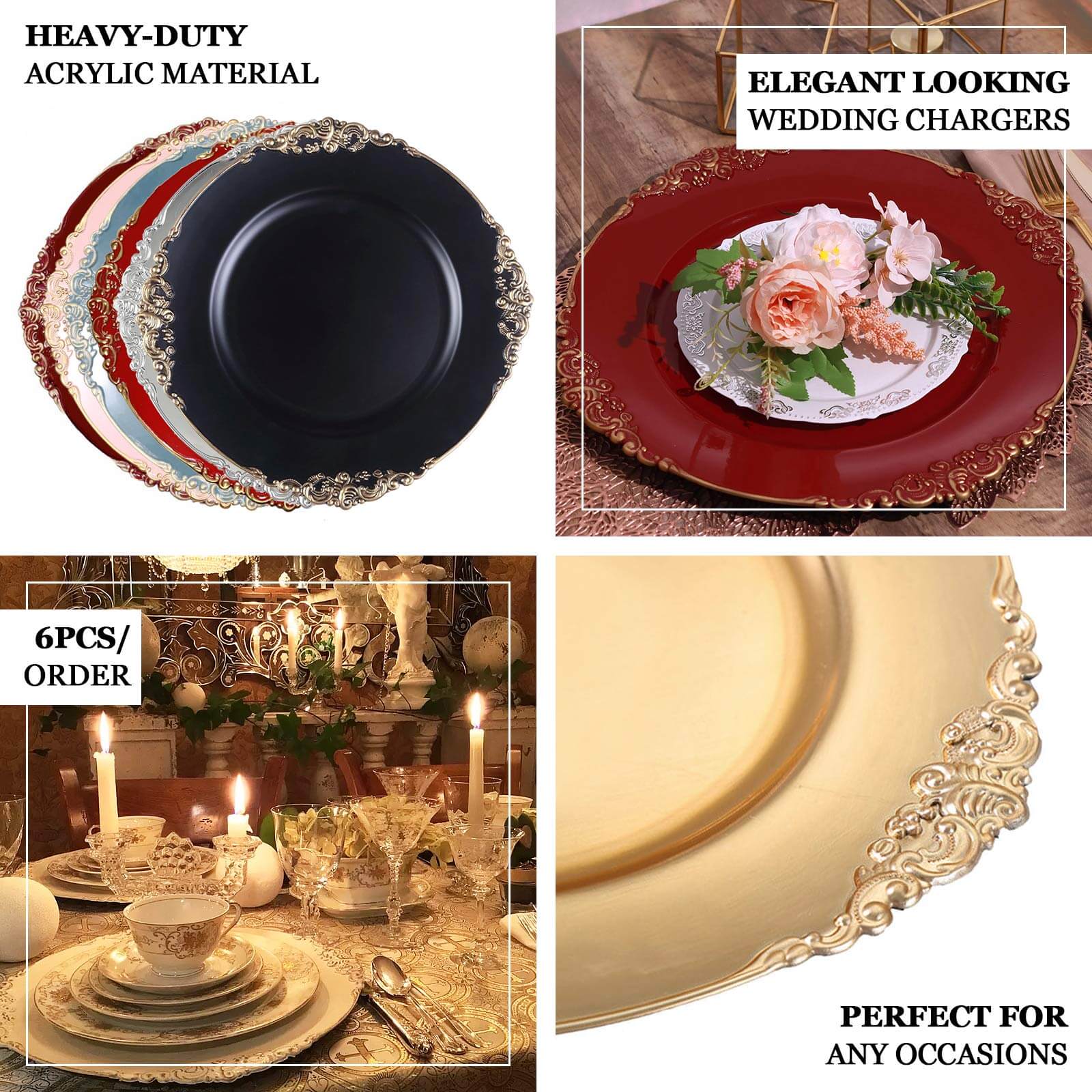 6-Pack Acrylic Charger Plates 13" Round Gold Embossed Baroque Rim - Antique Decorative Dinner Party Charger Tableware - Image 3
