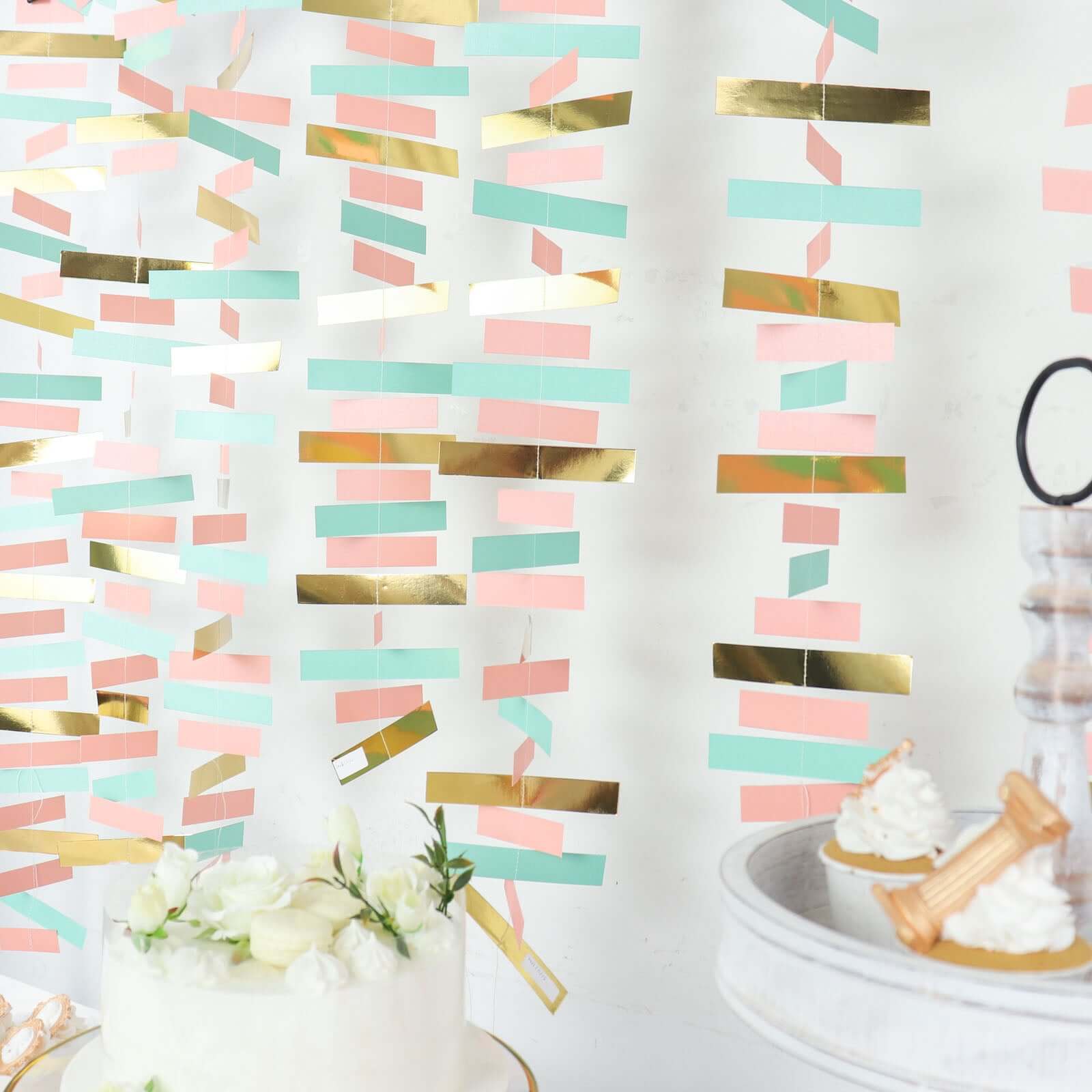Gold, Blush and Turquoise Confetti-Like Paper Party Garland Streamer, Hanging Backdrop Decoration 6.5ft - Image 10