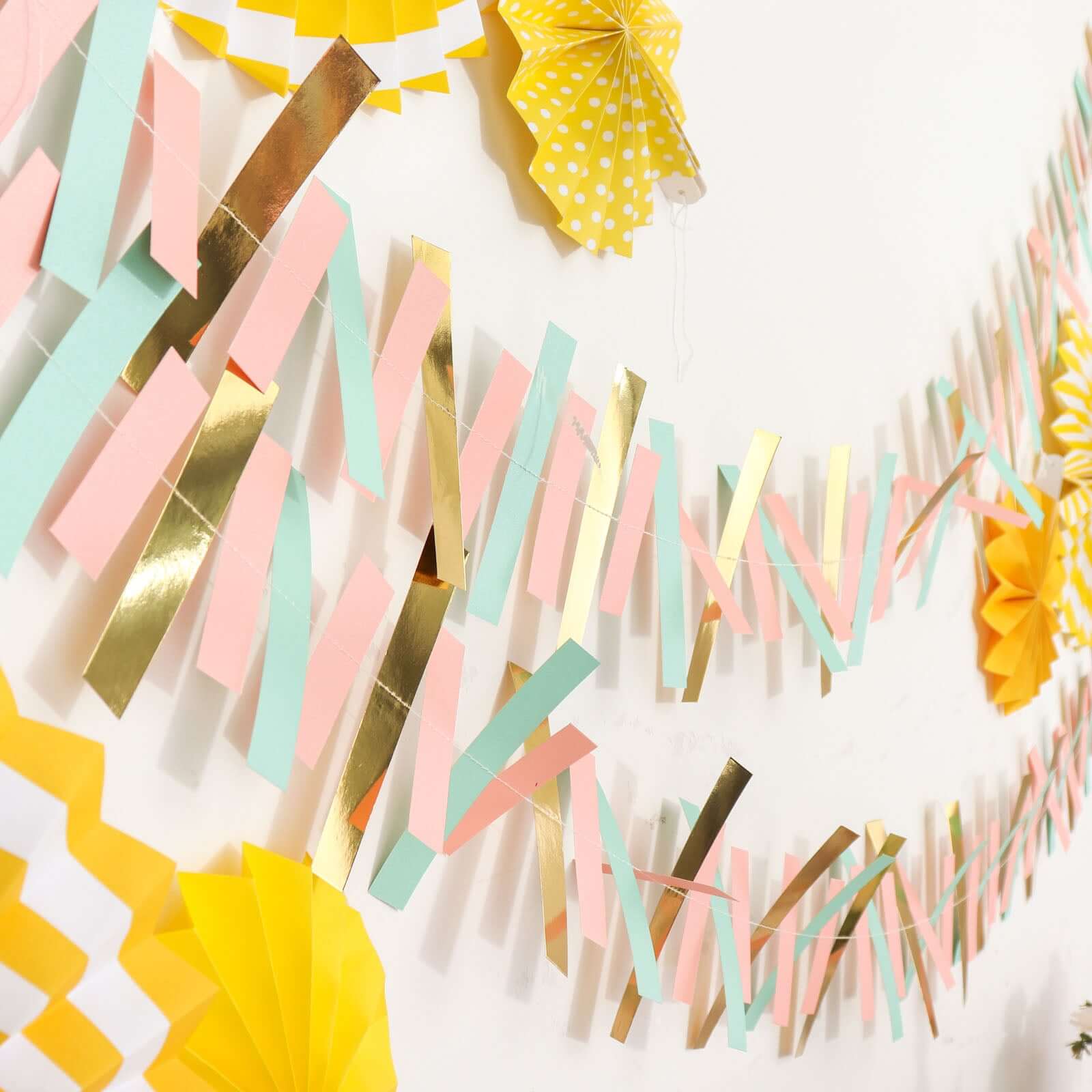 Gold, Blush and Turquoise Confetti-Like Paper Party Garland Streamer, Hanging Backdrop Decoration 6.5ft - Image 2