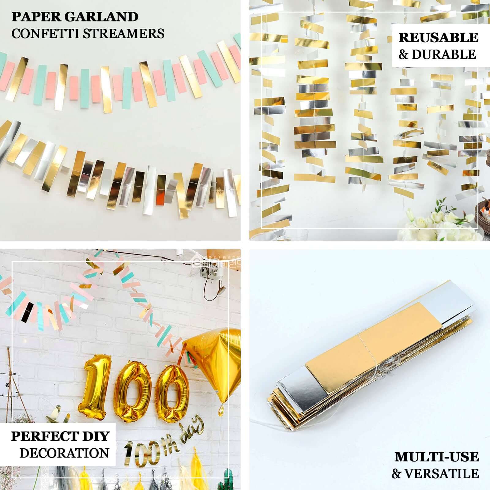 Gold, Blush and Turquoise Confetti-Like Paper Party Garland Streamer, Hanging Backdrop Decoration 6.5ft - Image 3