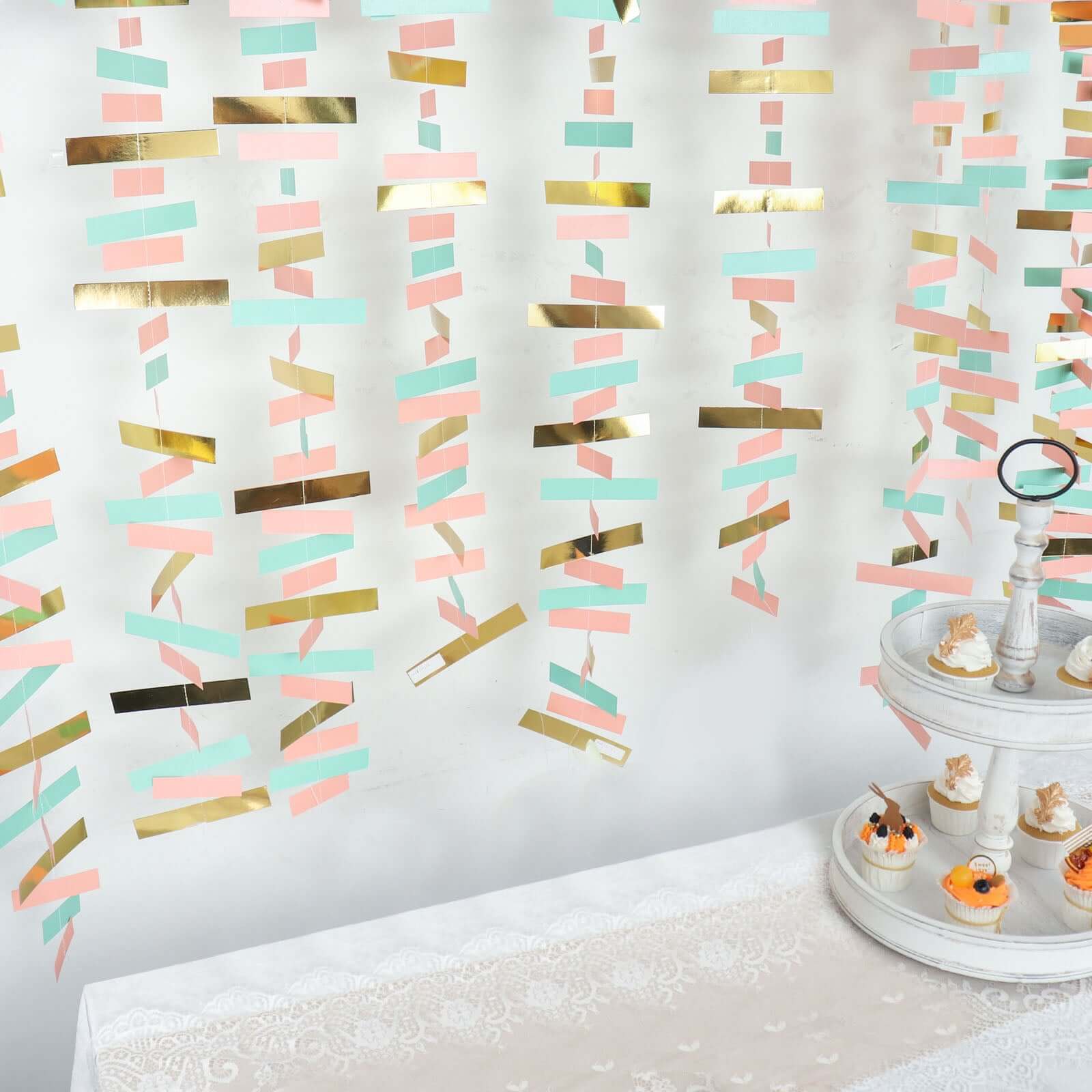 Gold, Blush and Turquoise Confetti-Like Paper Party Garland Streamer, Hanging Backdrop Decoration 6.5ft - Image 9