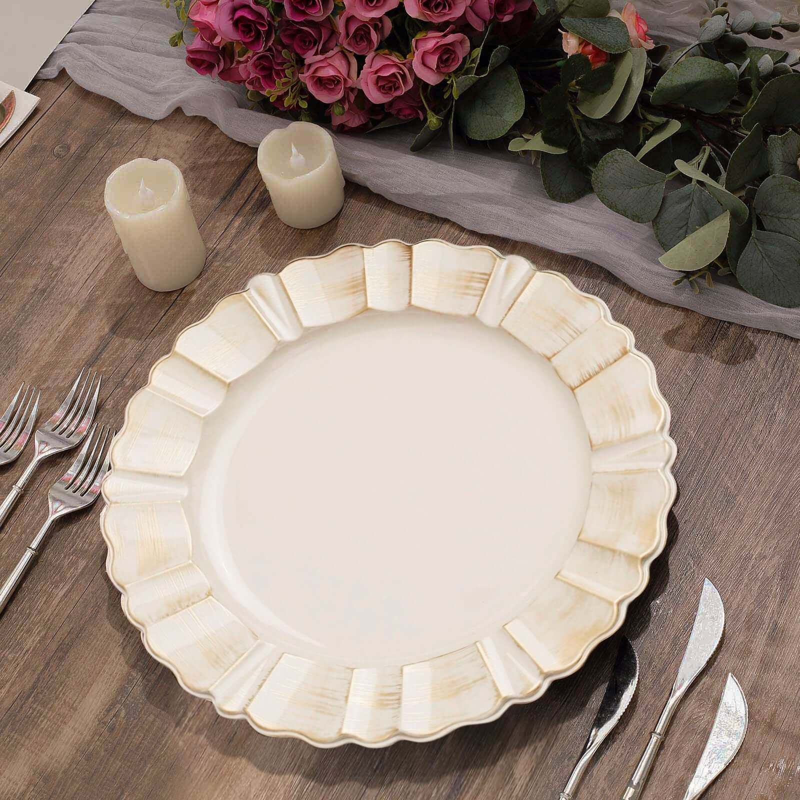 6-Pack Acrylic Plastic Charger Plates 13" Round Beige with Gold Brushed Wavy Scalloped Rim - Dinner Charger Tableware
