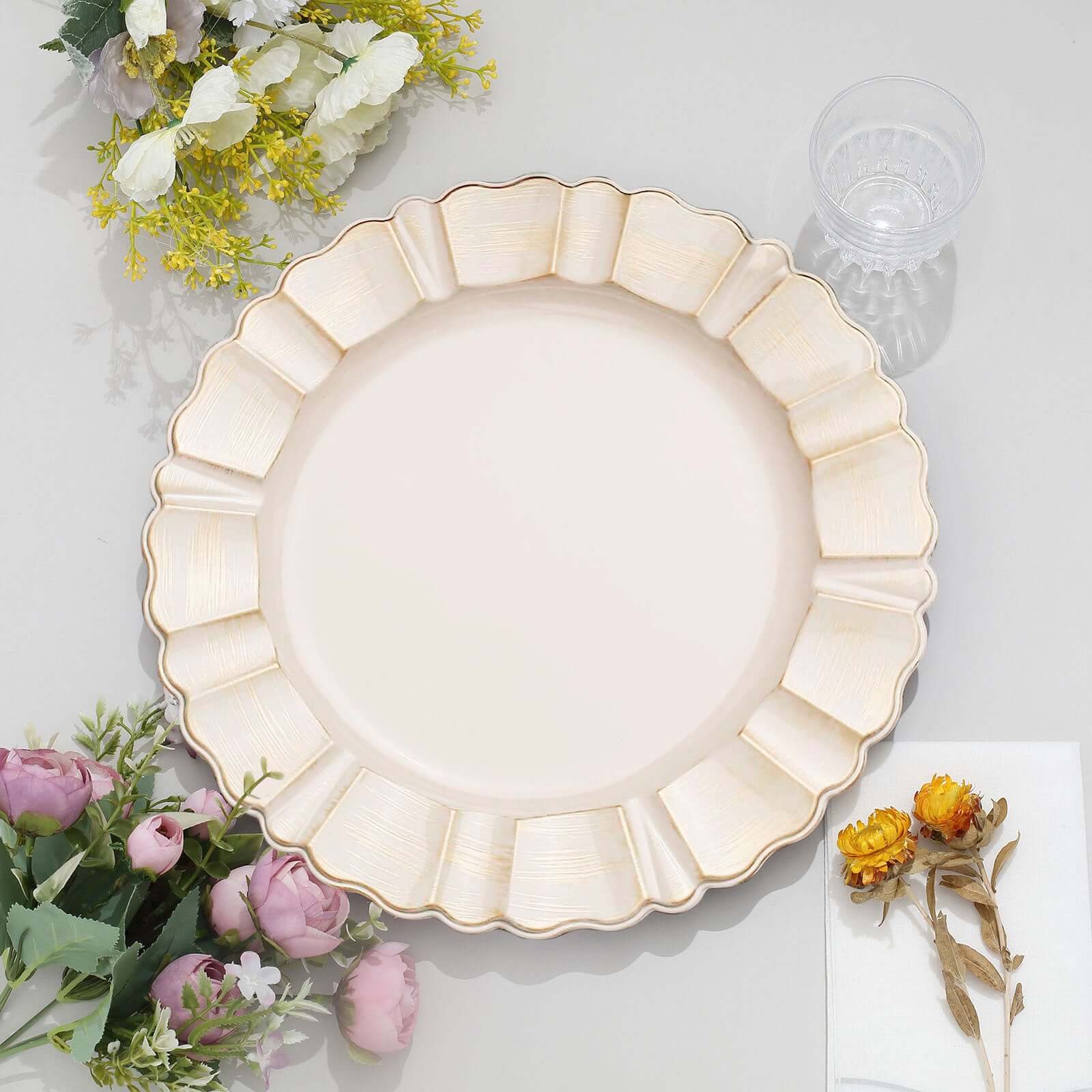 6-Pack Acrylic Plastic Charger Plates 13" Round Beige with Gold Brushed Wavy Scalloped Rim - Dinner Charger Tableware - Image 2