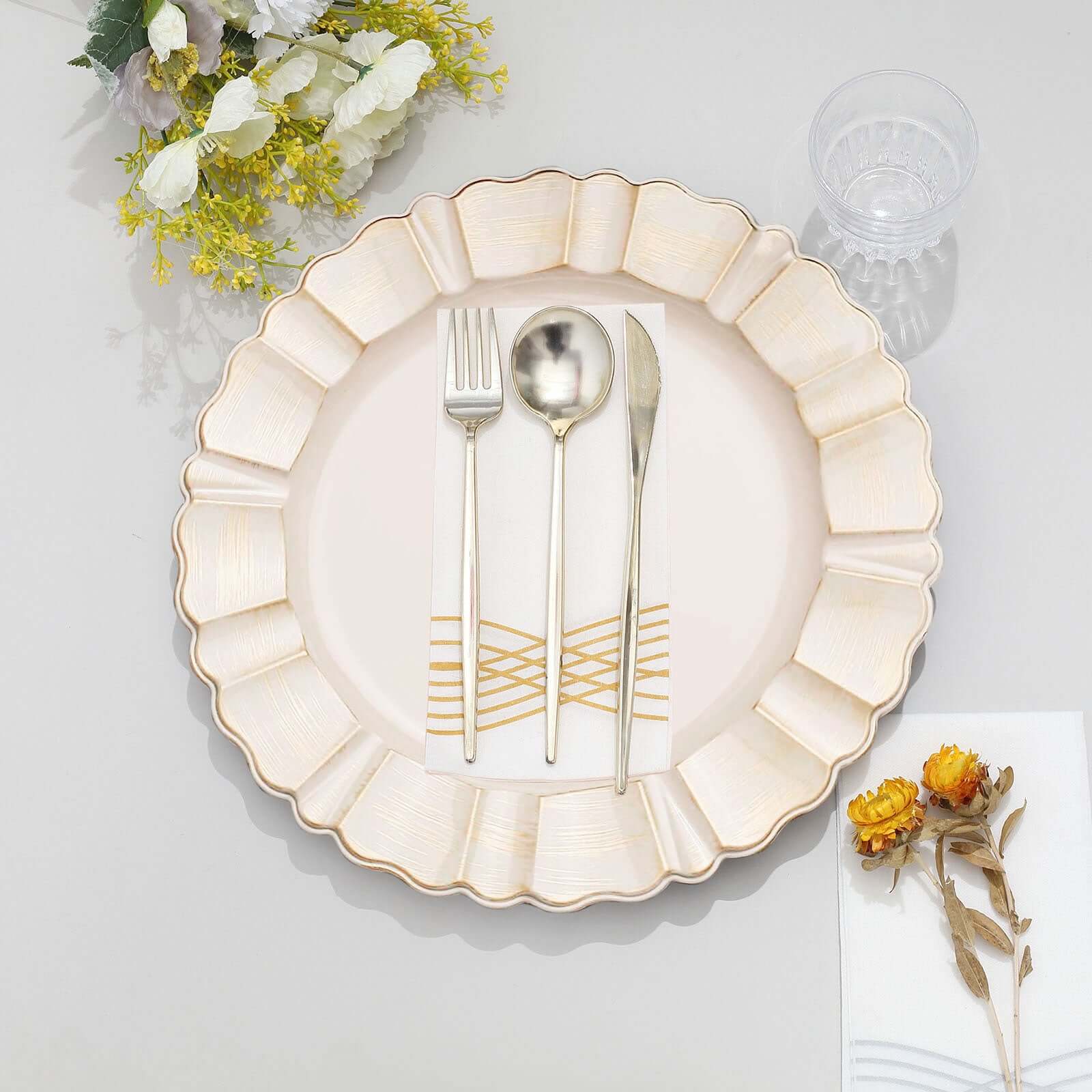 6-Pack Acrylic Plastic Charger Plates 13" Round Beige with Gold Brushed Wavy Scalloped Rim - Dinner Charger Tableware - Image 6