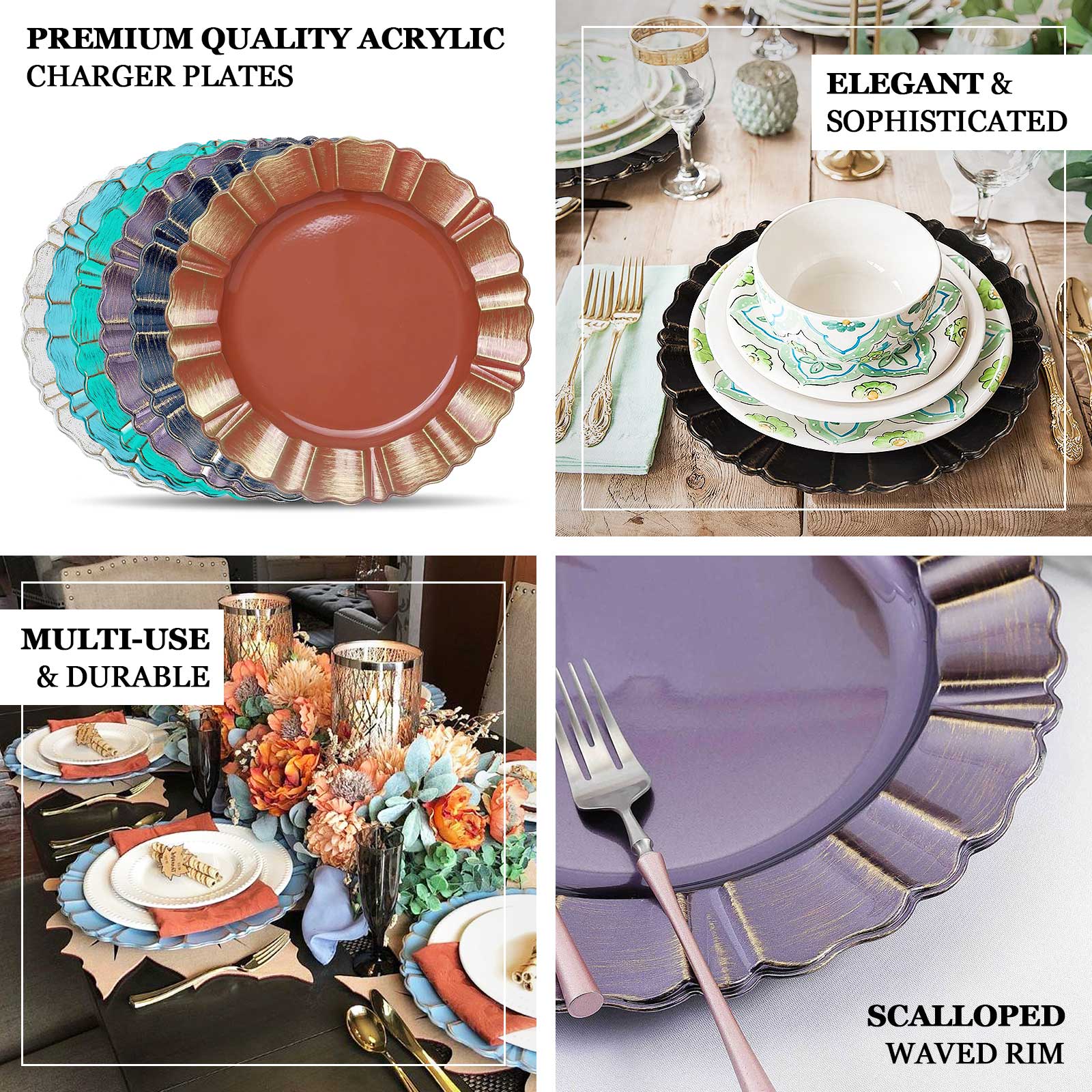 6-Pack Acrylic Plastic Charger Plates 13" Round White with Gold Brushed Wavy Scalloped Rim - Decorative Dinner Party Charger Tableware - Image 4