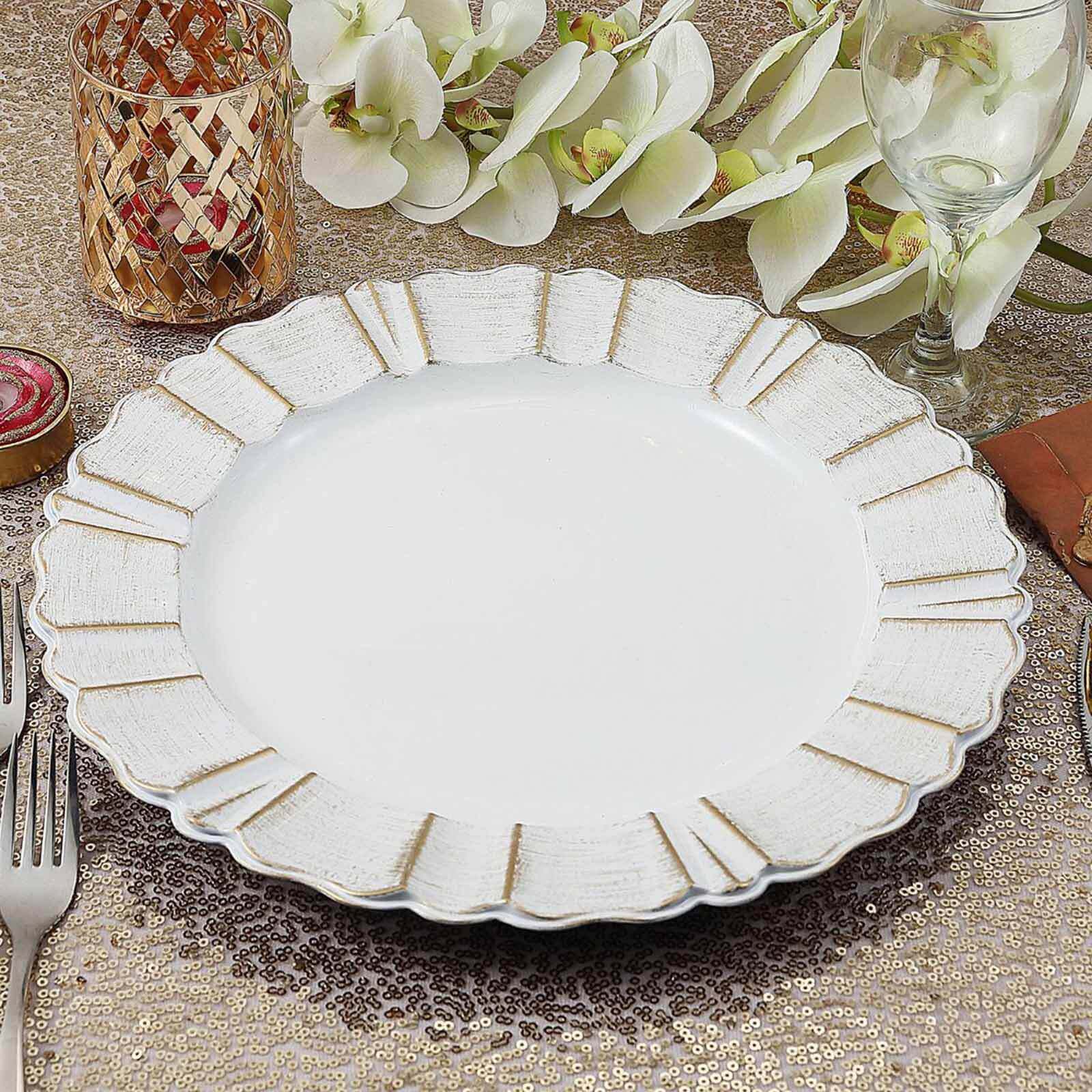6-Pack Acrylic Plastic Charger Plates 13" Round White with Gold Brushed Wavy Scalloped Rim - Decorative Dinner Party Charger Tableware - Image 6